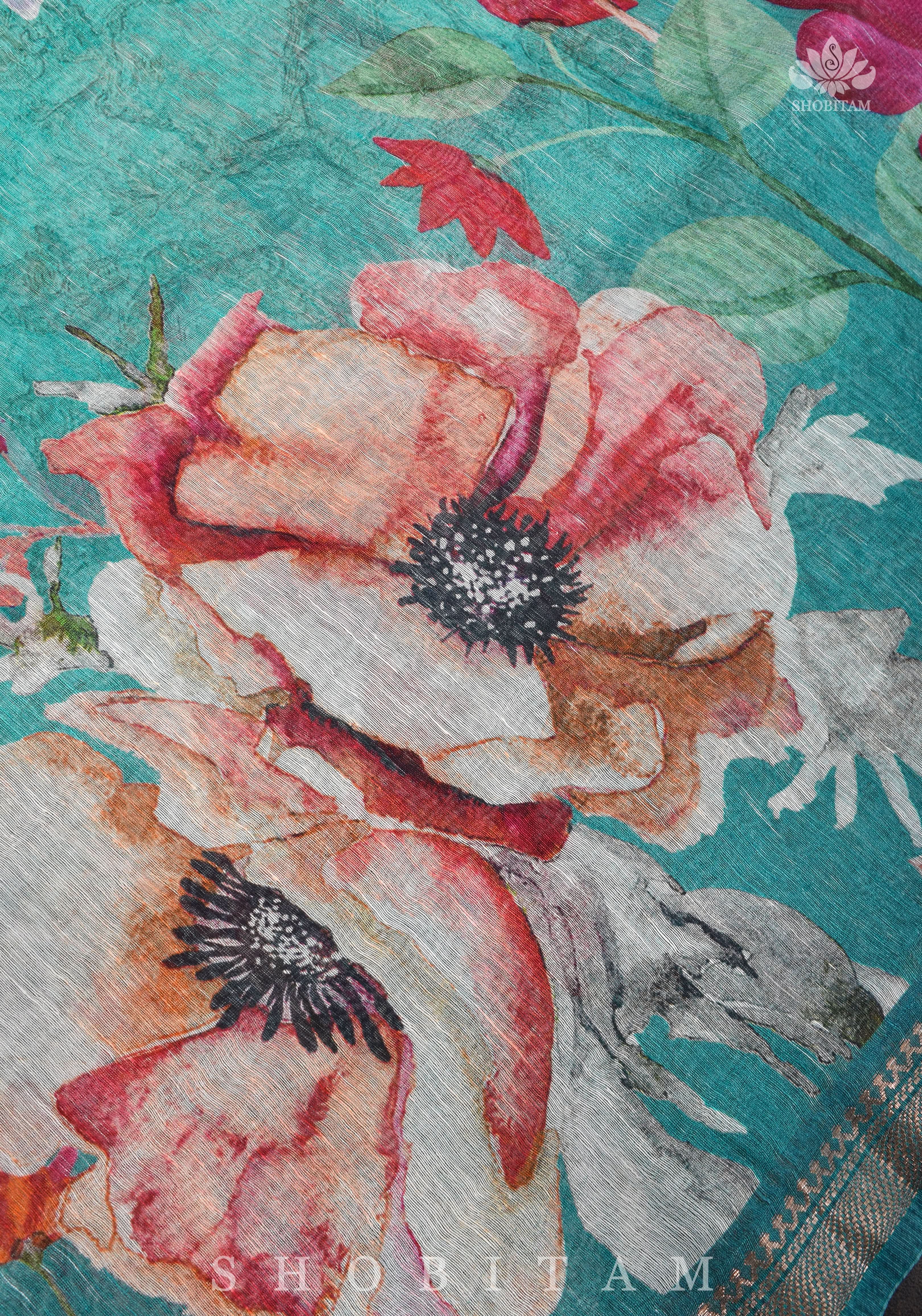 Green Floral Digital Print Silk Linen Saree | Shobitam