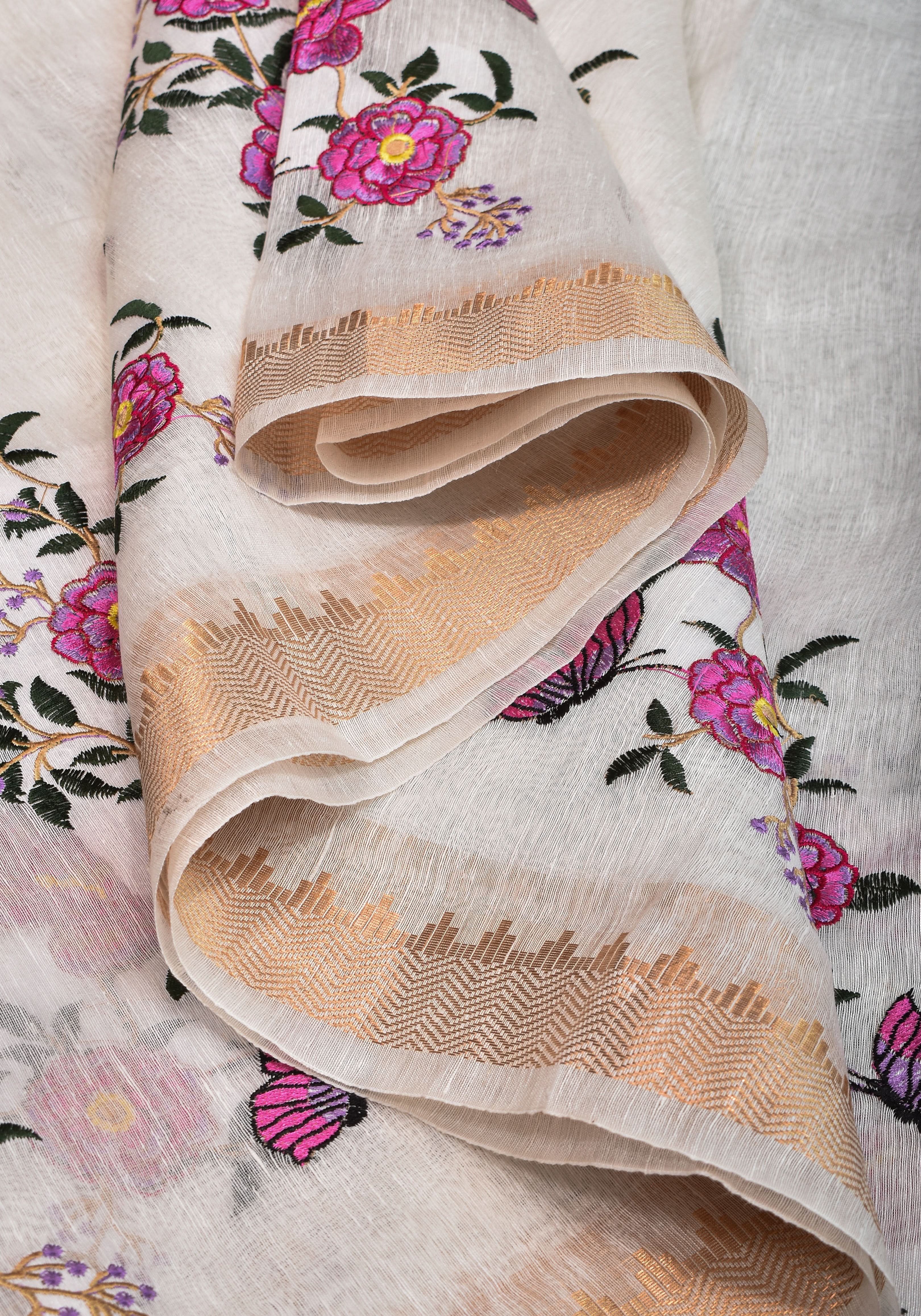 Blooms of Joy - Floral Embroidered Silk Linen Saree in Off White | Shobitam