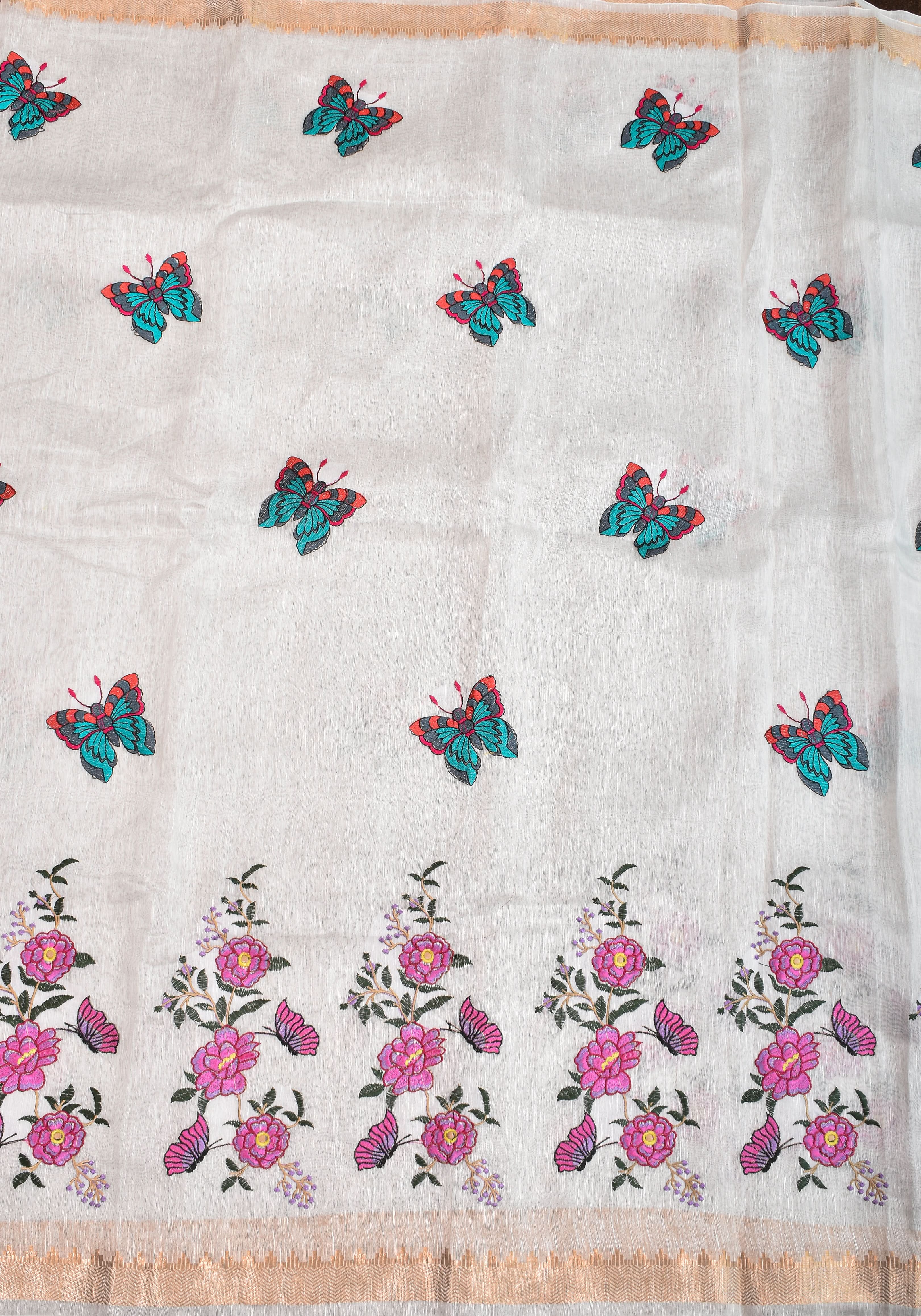 Blooms of Joy - Floral Embroidered Silk Linen Saree in Off White | Shobitam