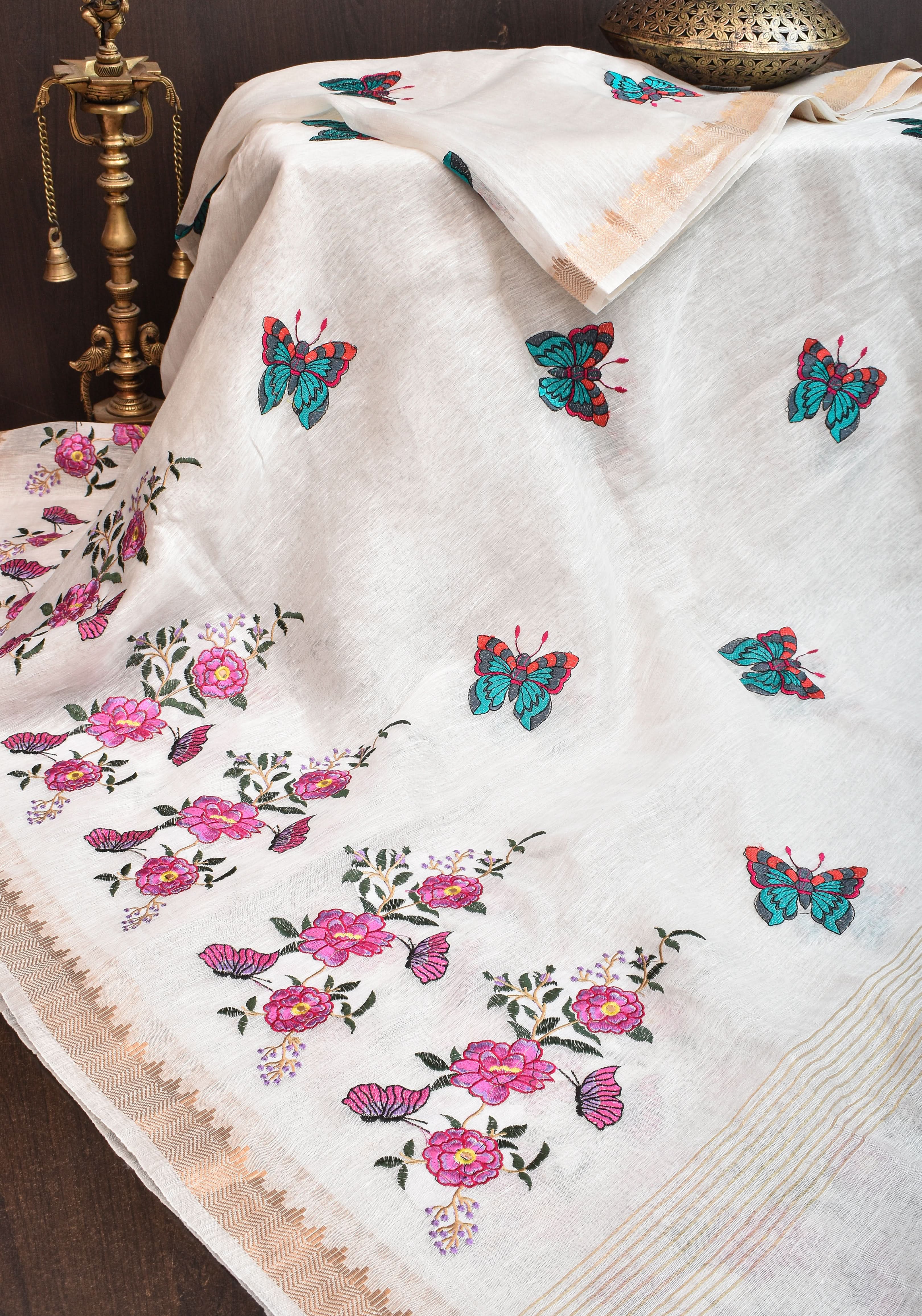 Blooms of Joy - Floral Embroidered Silk Linen Saree in Off White | Shobitam