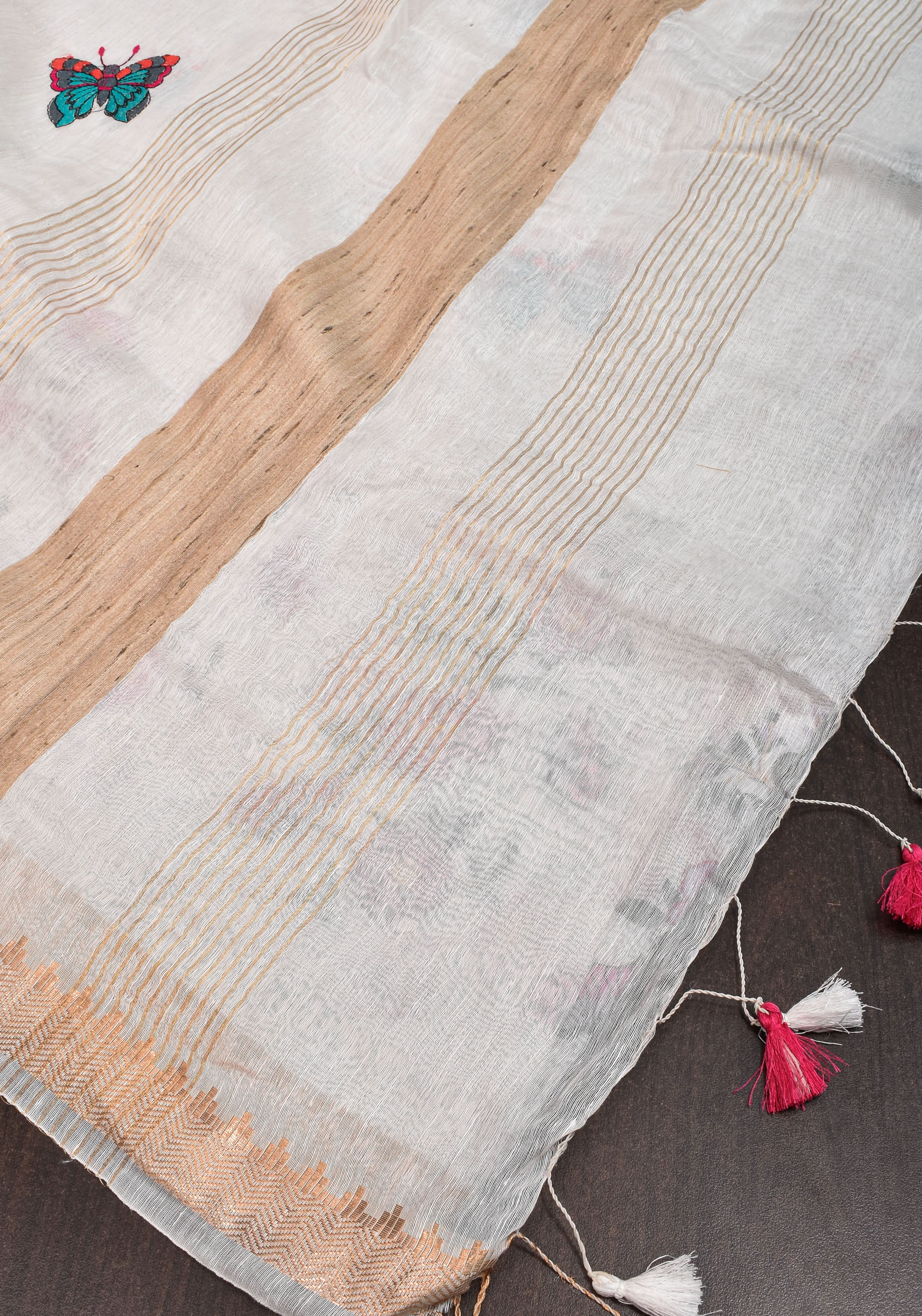 Blooms of Joy - Floral Embroidered Silk Linen Saree in Off White | Shobitam