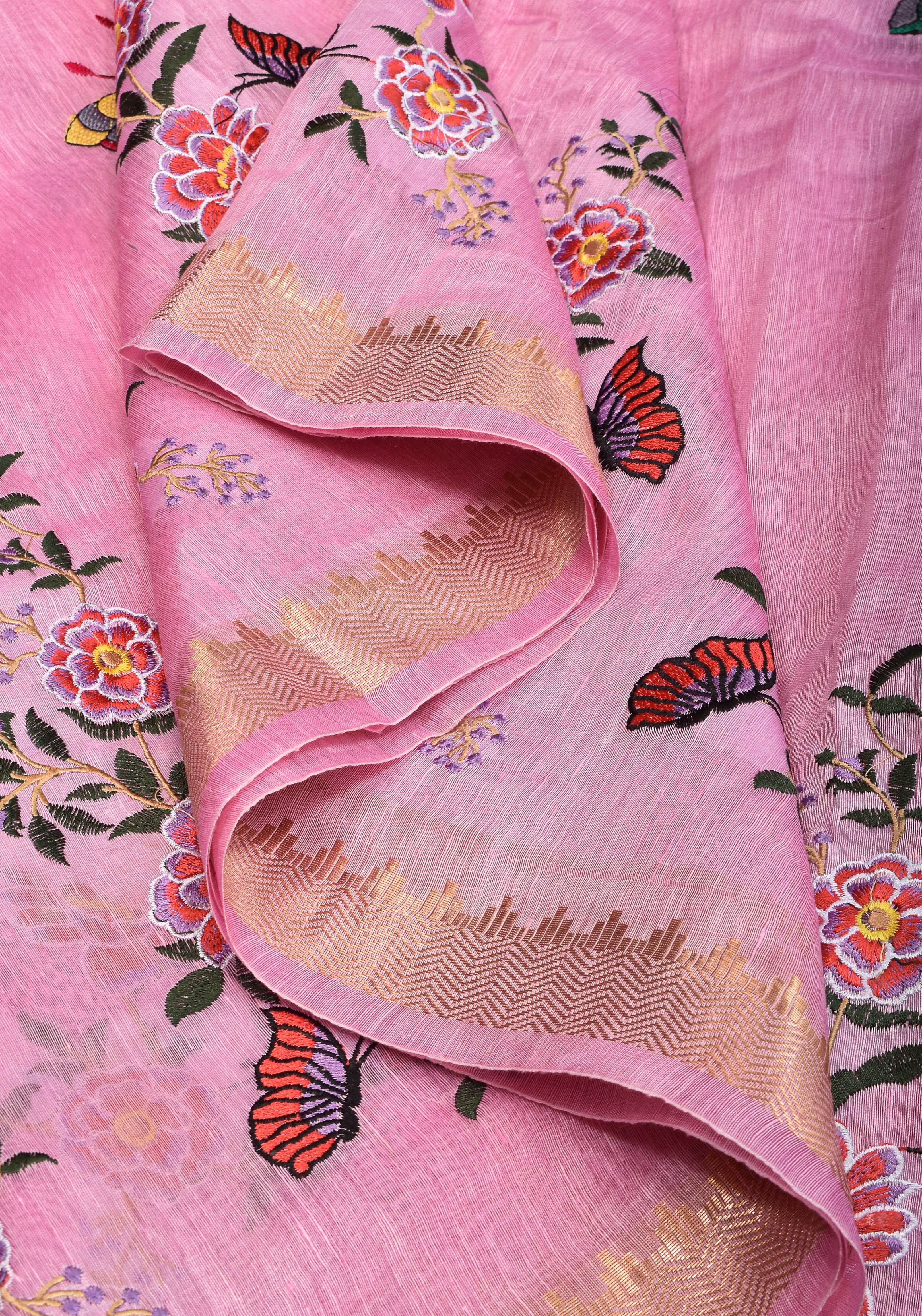 Blooms of Joy - Floral Embroidered Saree in Lotus Pink | Shobitam