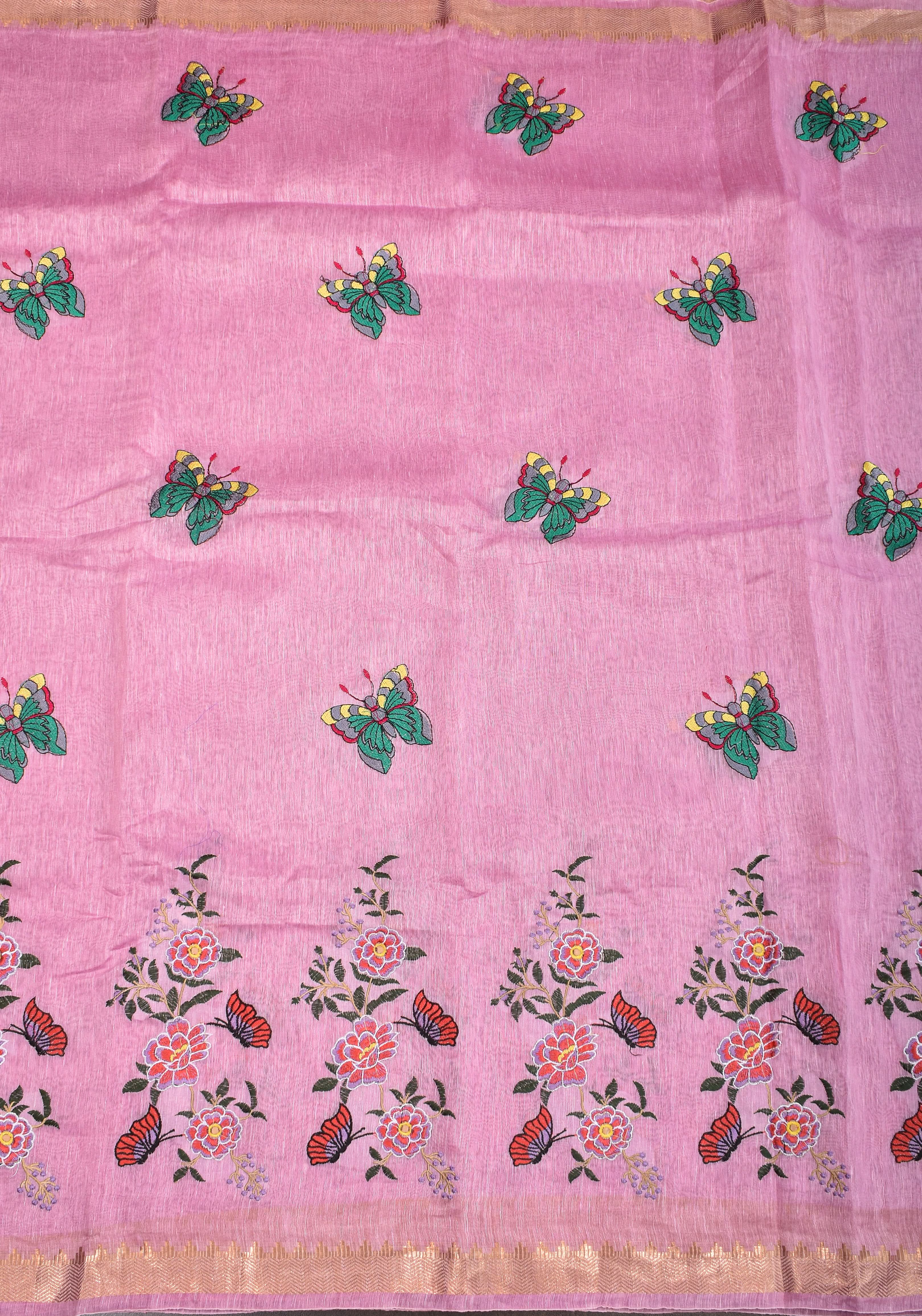 Blooms of Joy - Floral Embroidered Saree in Lotus Pink | Shobitam