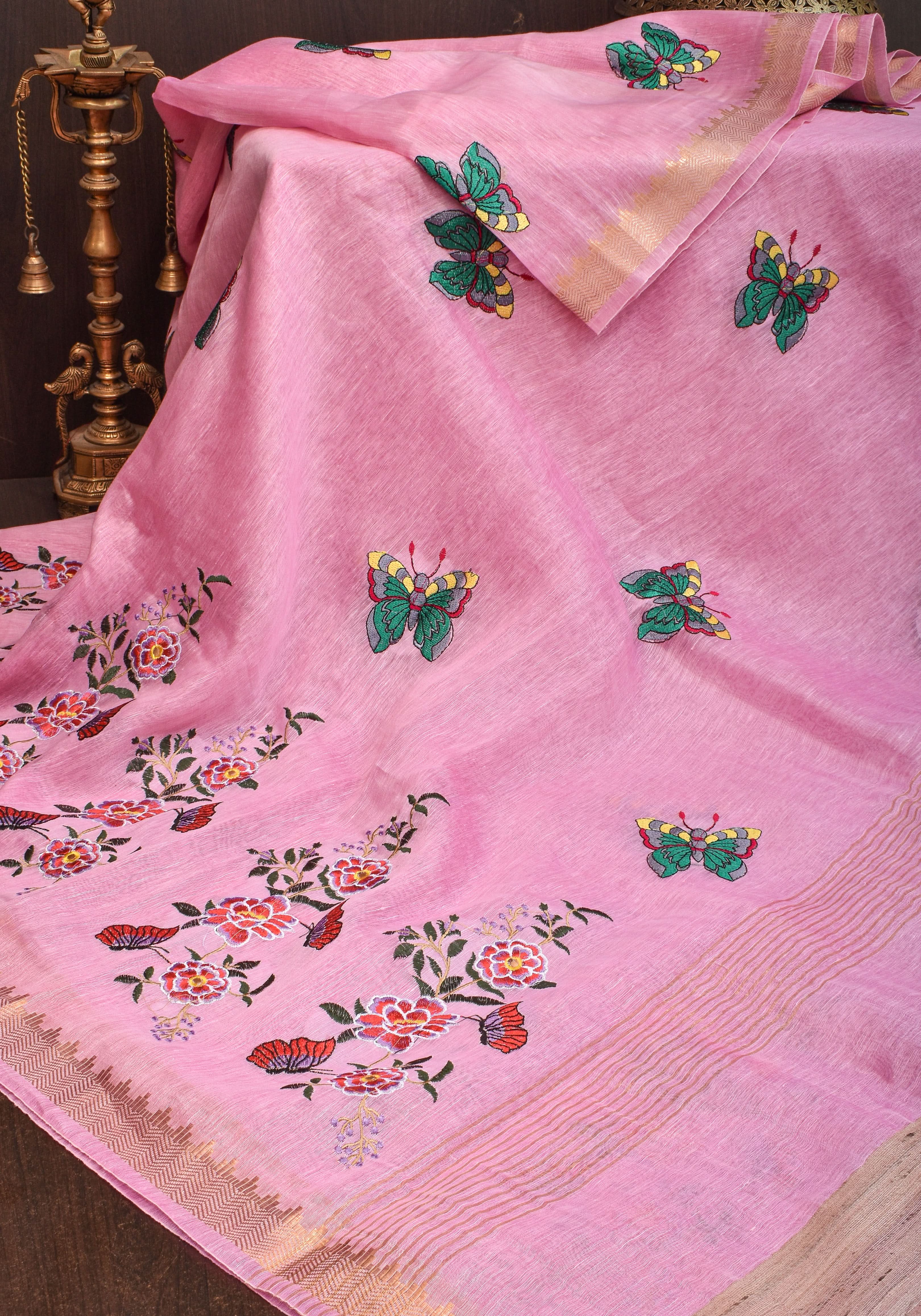 Blooms of Joy - Floral Embroidered Saree in Lotus Pink | Shobitam