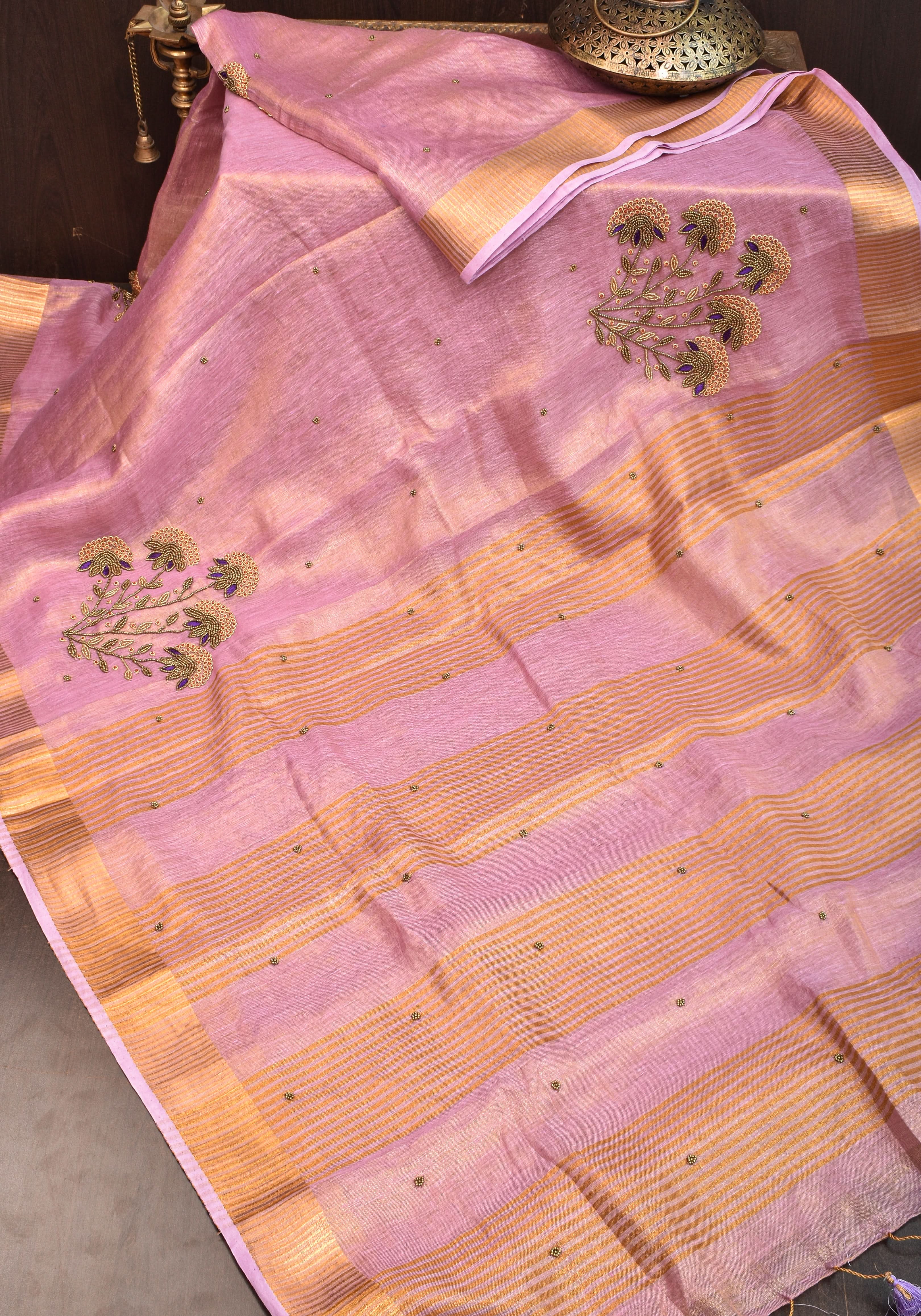 Tissue Linen Saree in Thistle and Gold Tissue with Bead and embroidery handwork | Shobitam