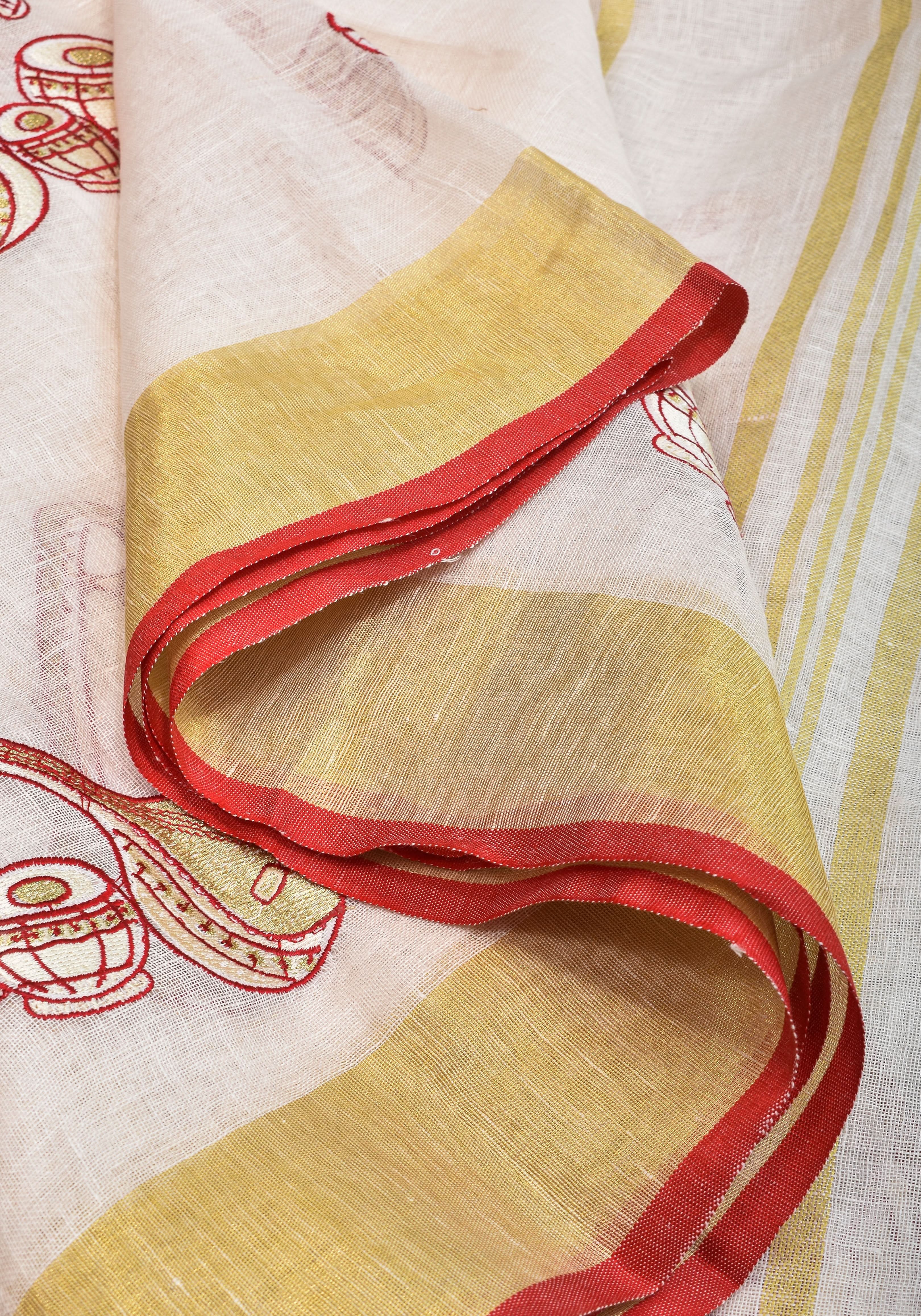 Linen by Linen Saree in White with Musical instruments embroidery motifs | Shobitam