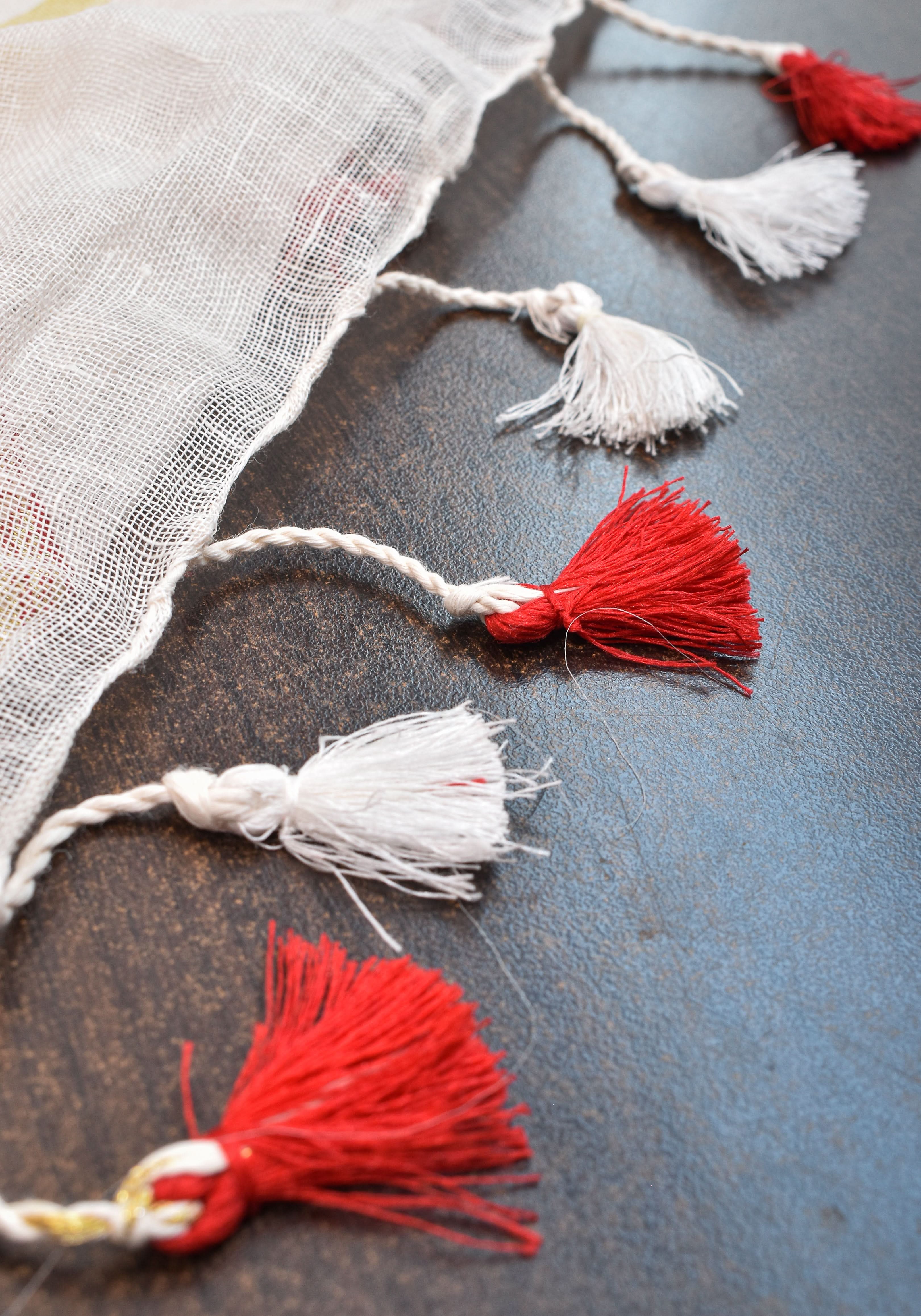 Linen by Linen Saree in White with Musical instruments embroidery motifs | Shobitam