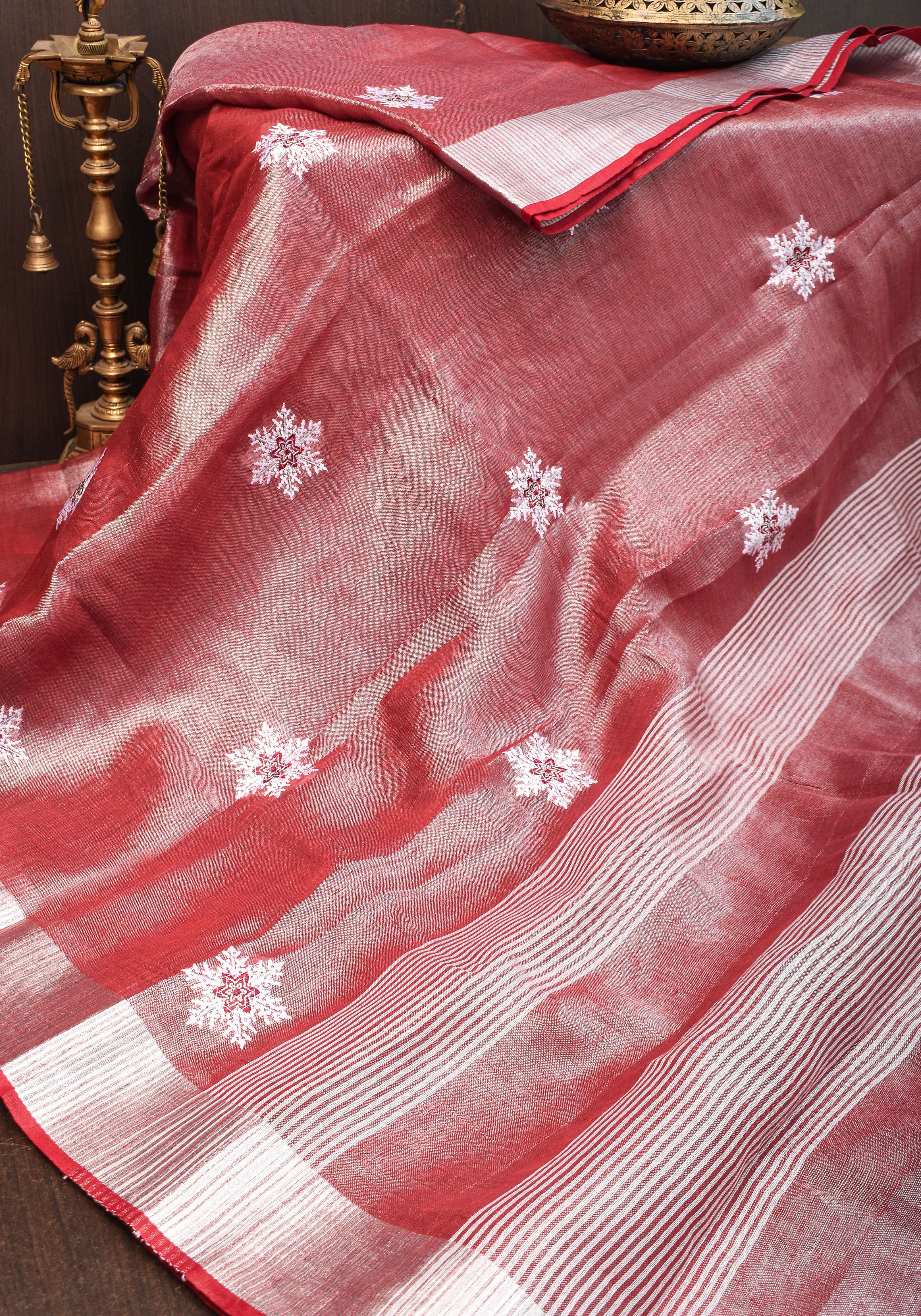 Tissue Linen Saree in Terracotta with Snowflake Embroidery | Shobitam