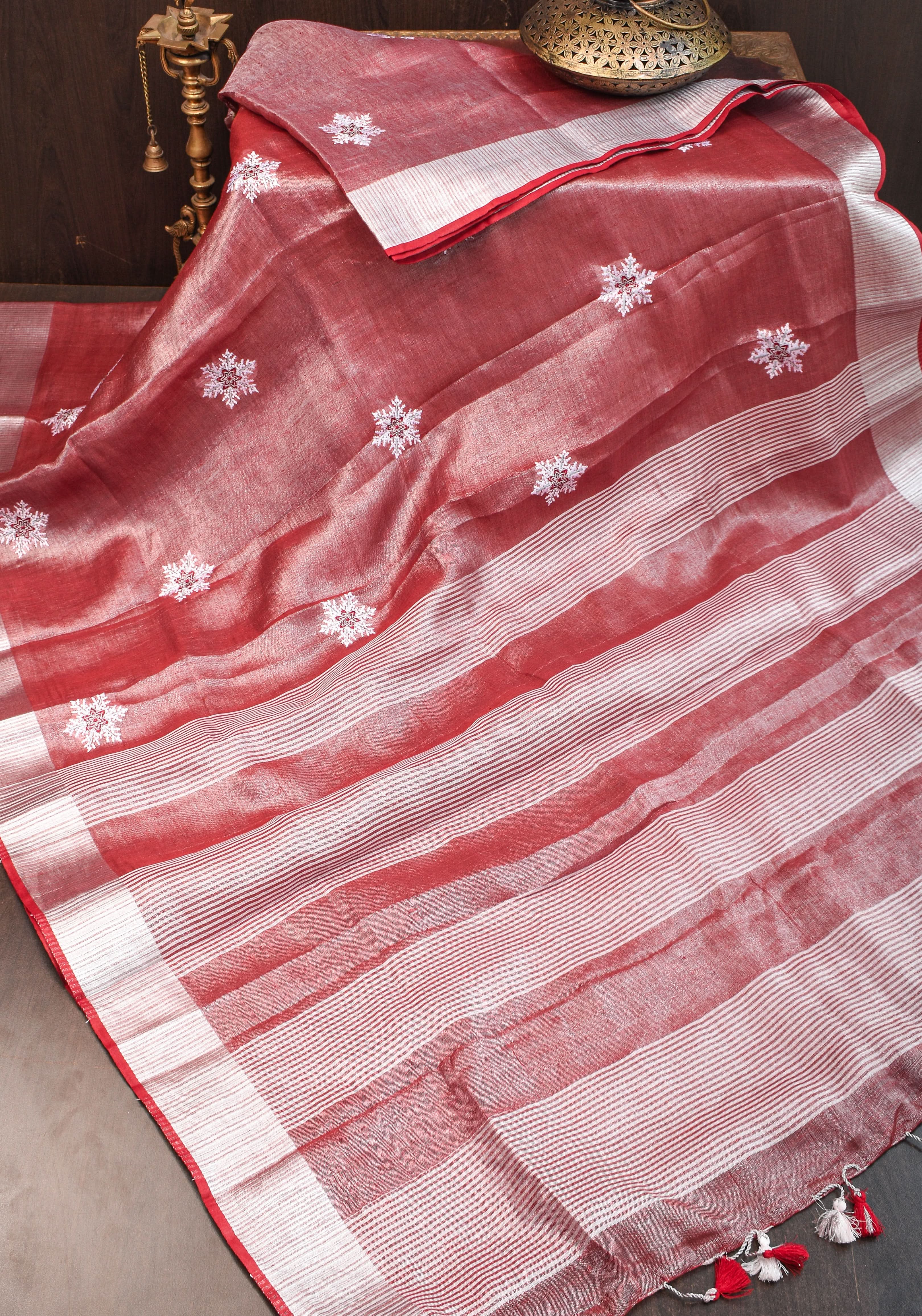 Tissue Linen Saree in Terracotta with Snowflake Embroidery | Shobitam