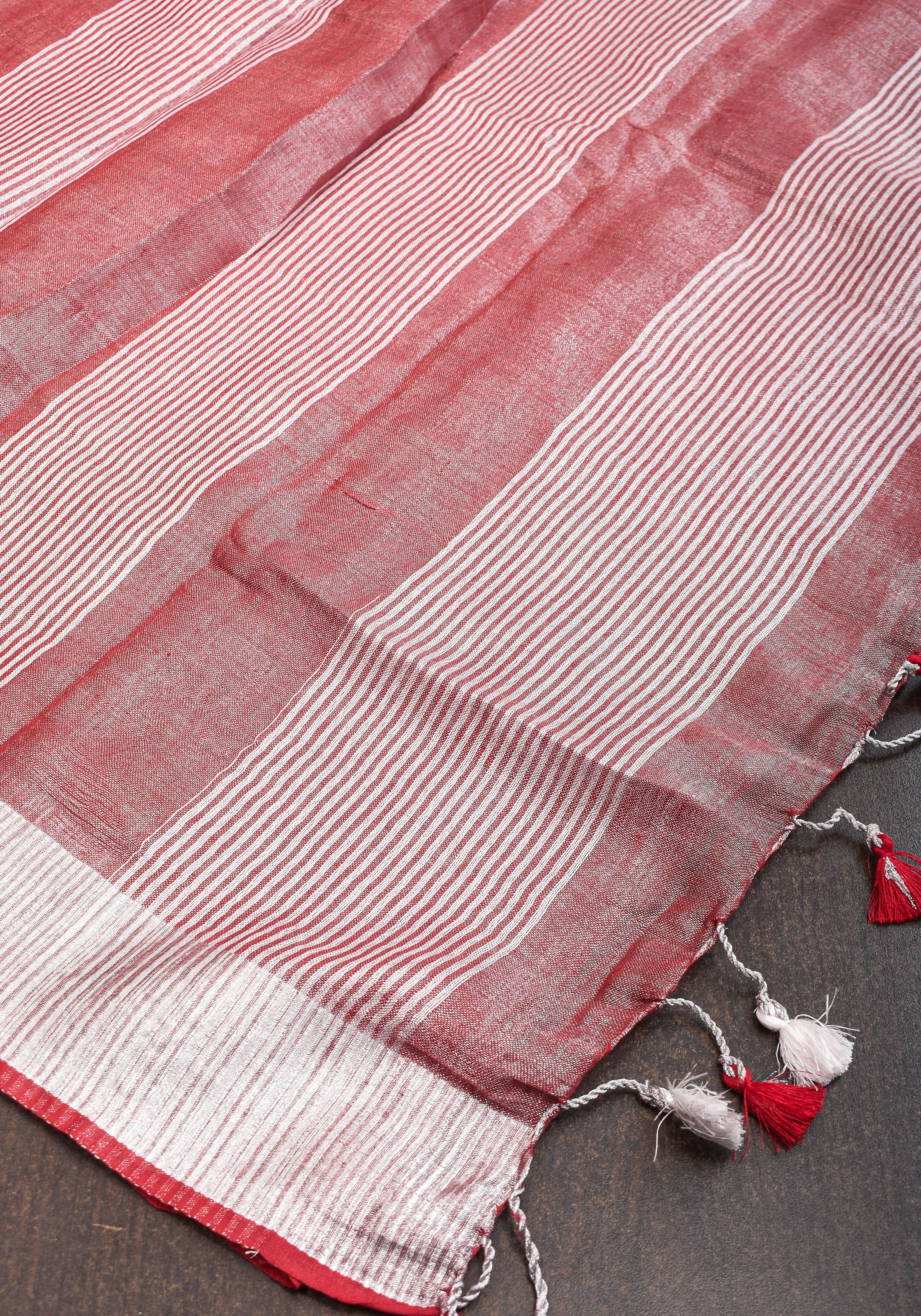 Tissue Linen Saree in Terracotta with Snowflake Embroidery | Shobitam