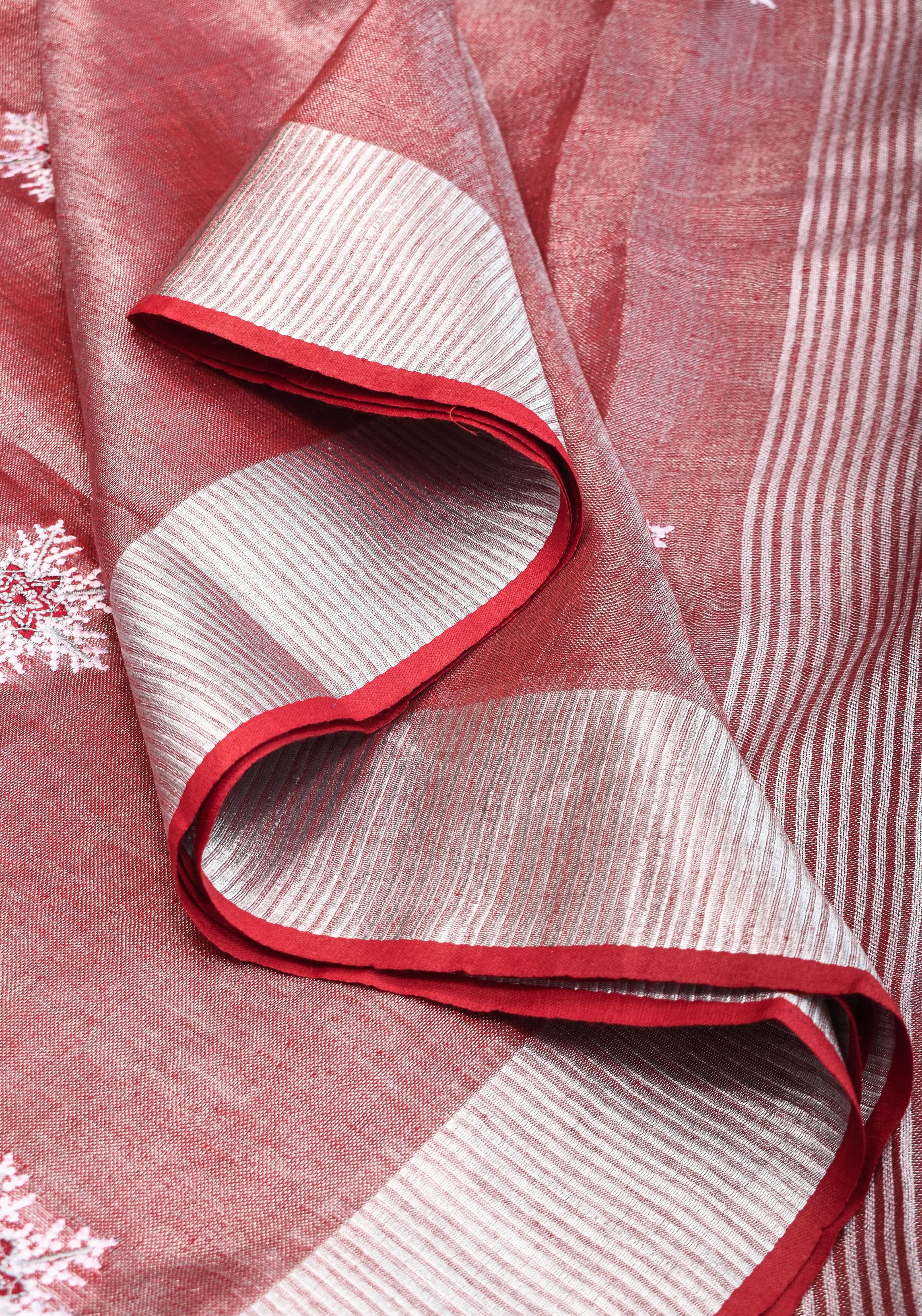 Tissue Linen Saree in Terracotta with Snowflake Embroidery | Shobitam