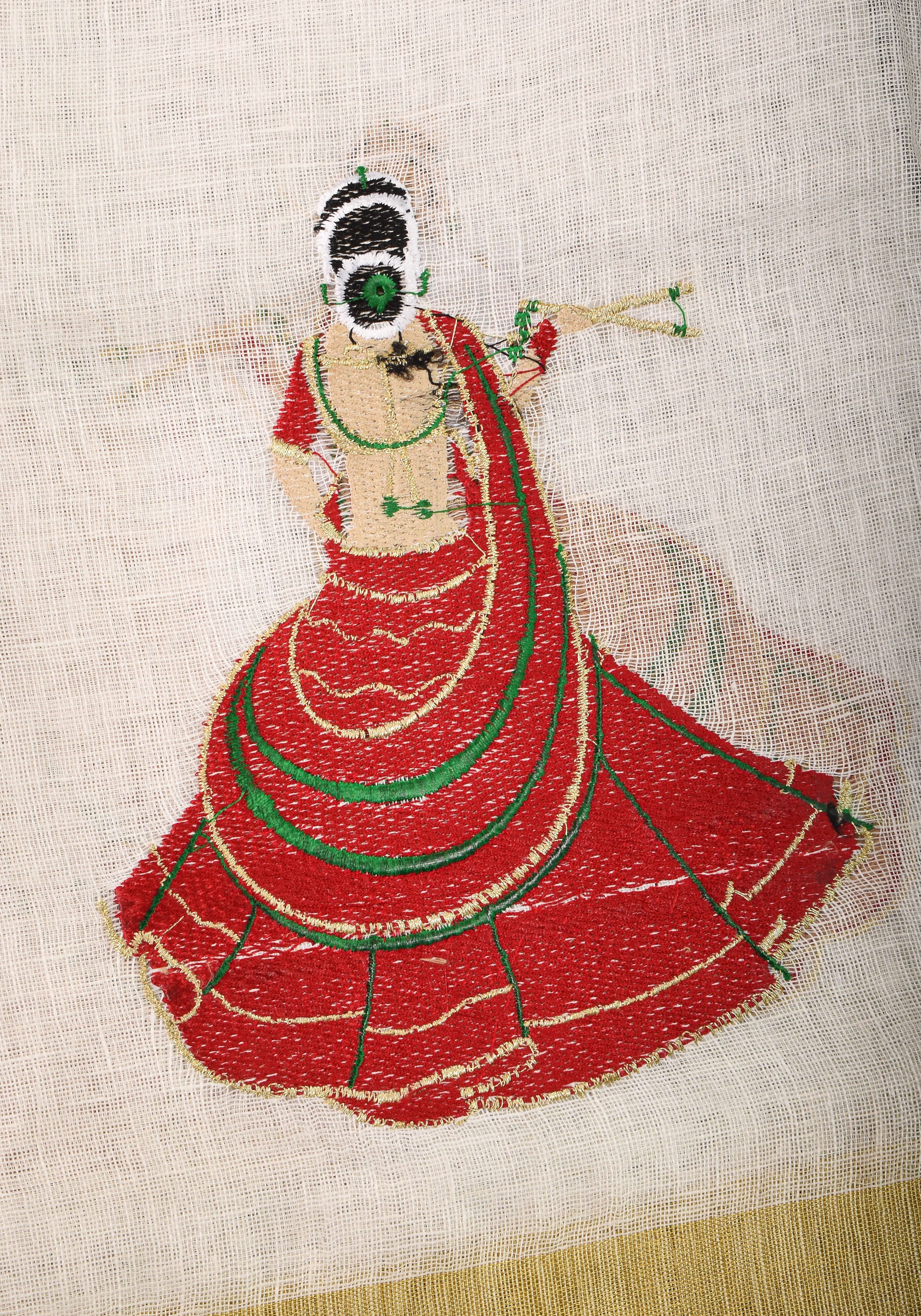 Vidya Balan Dandiya Embroidery on Off White Pure Linen by Linen Saree with Green Borders | Shobitam