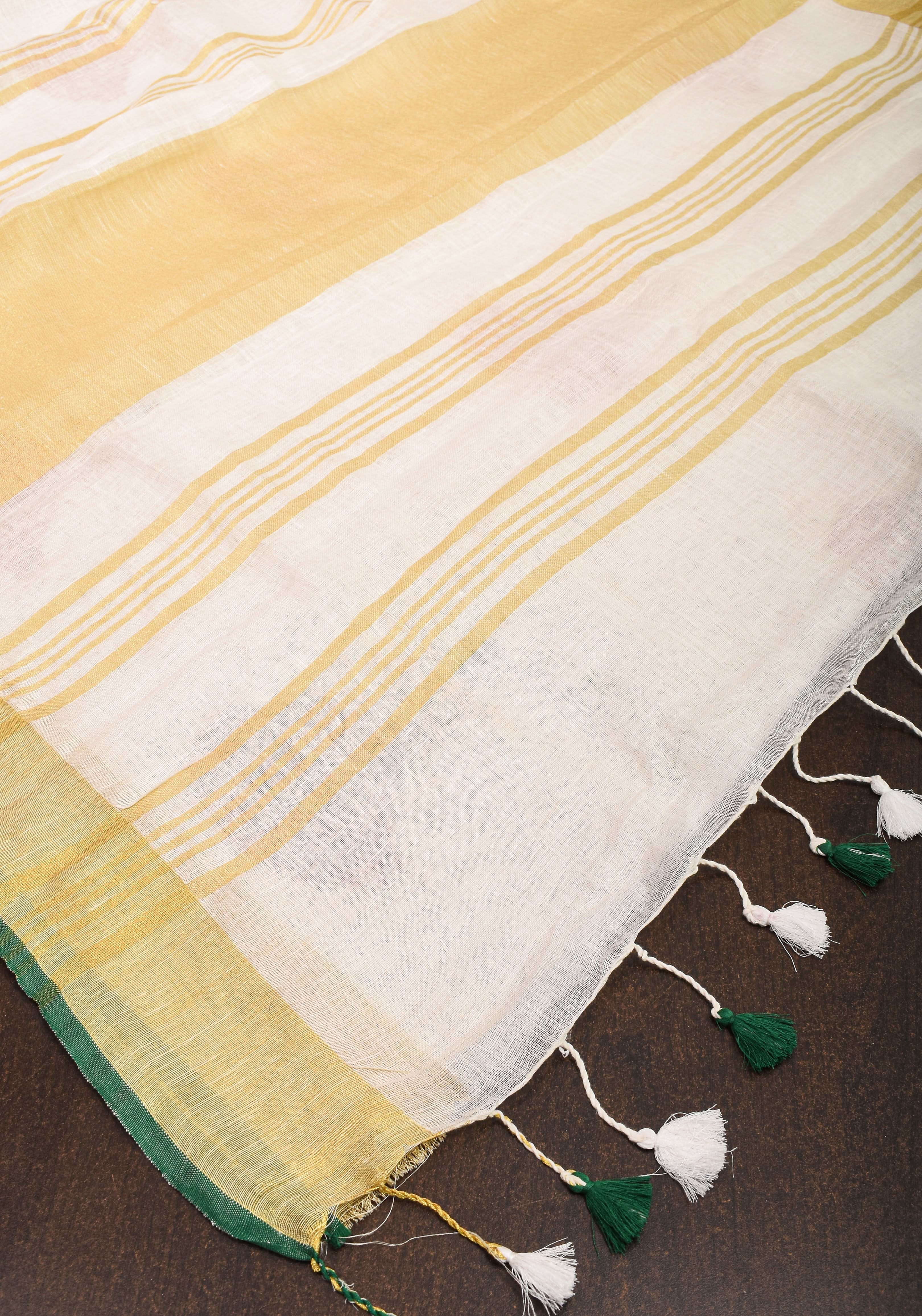 Vidya Balan Dandiya Embroidery on Off White Pure Linen by Linen Saree with Green Borders | Shobitam