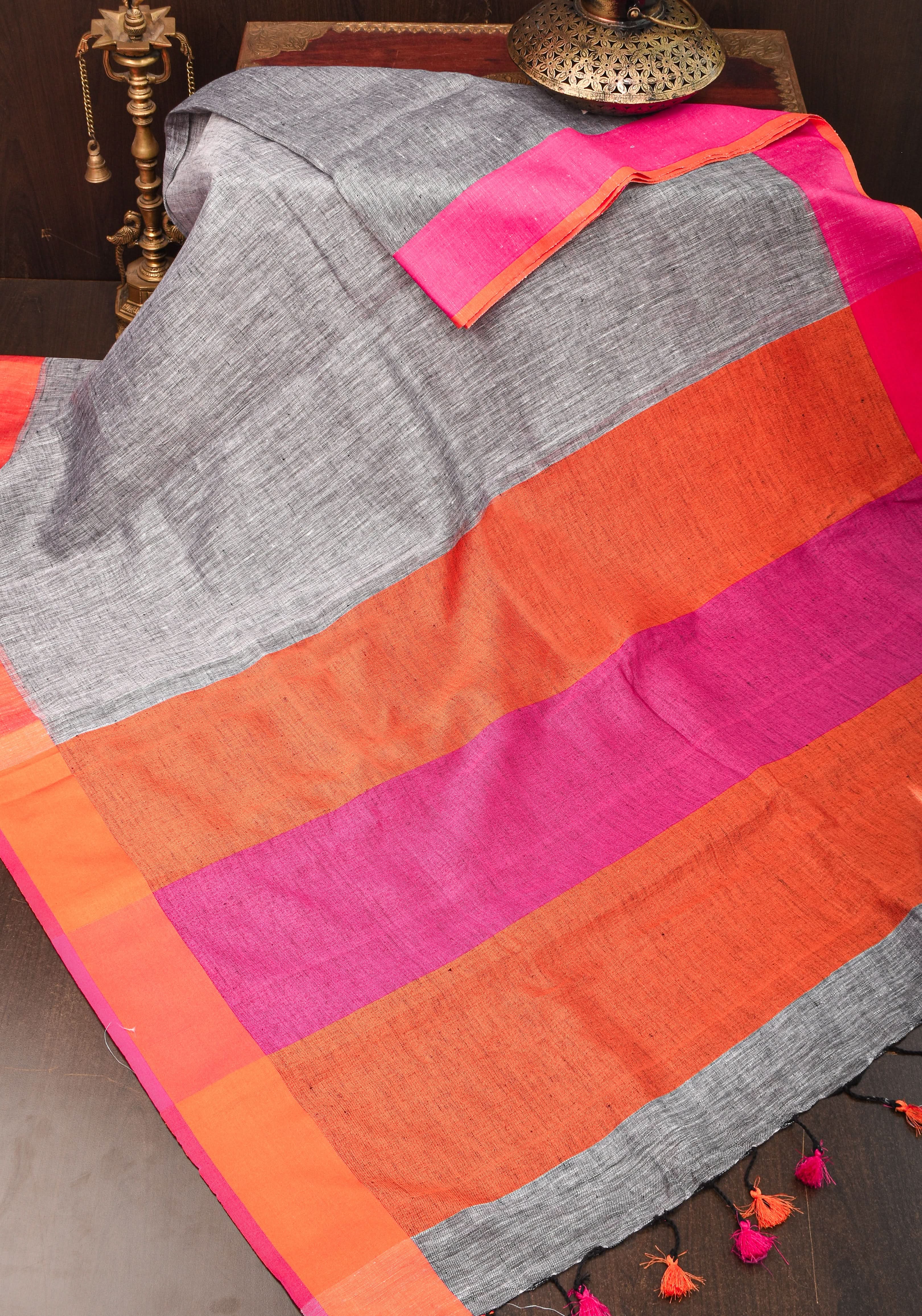 Linen by Linen Saree in Gray with Ganga Jamuna Borders | Shobitam