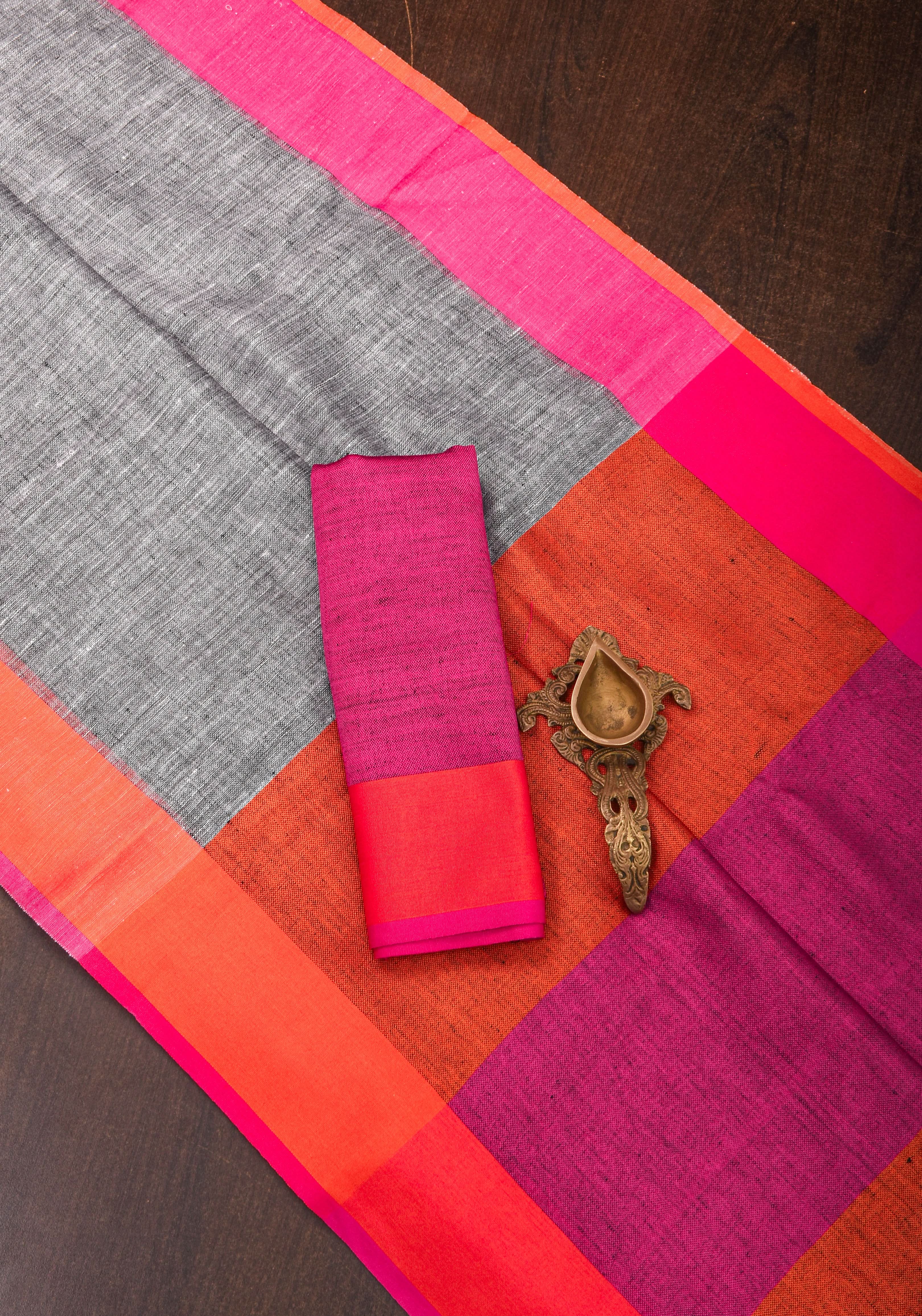 Linen by Linen Saree in Gray with Ganga Jamuna Borders | Shobitam