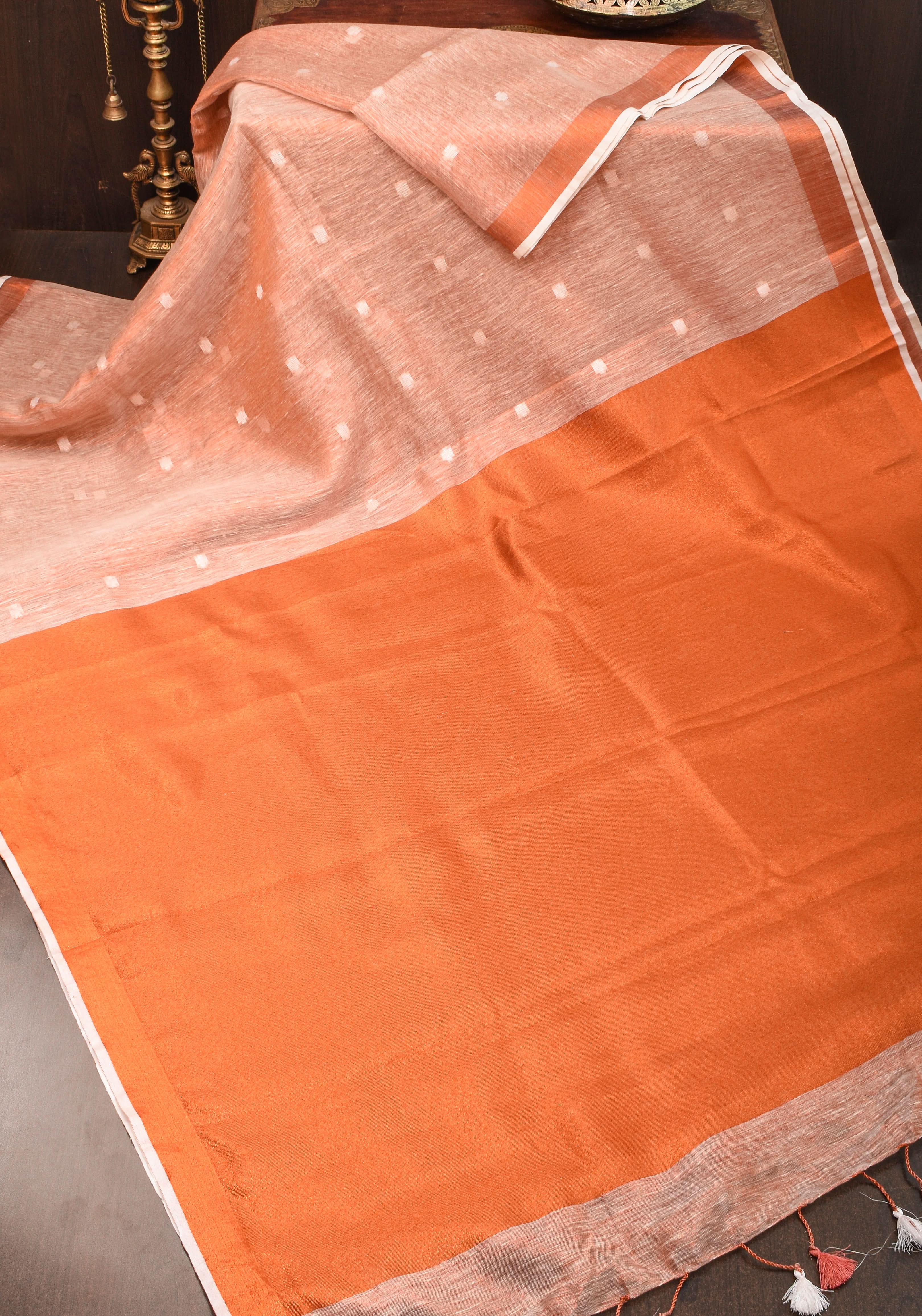 Peach Copper Tissue Linen Saree with Chunri Buttas and Tissue Pallu | Shobitam