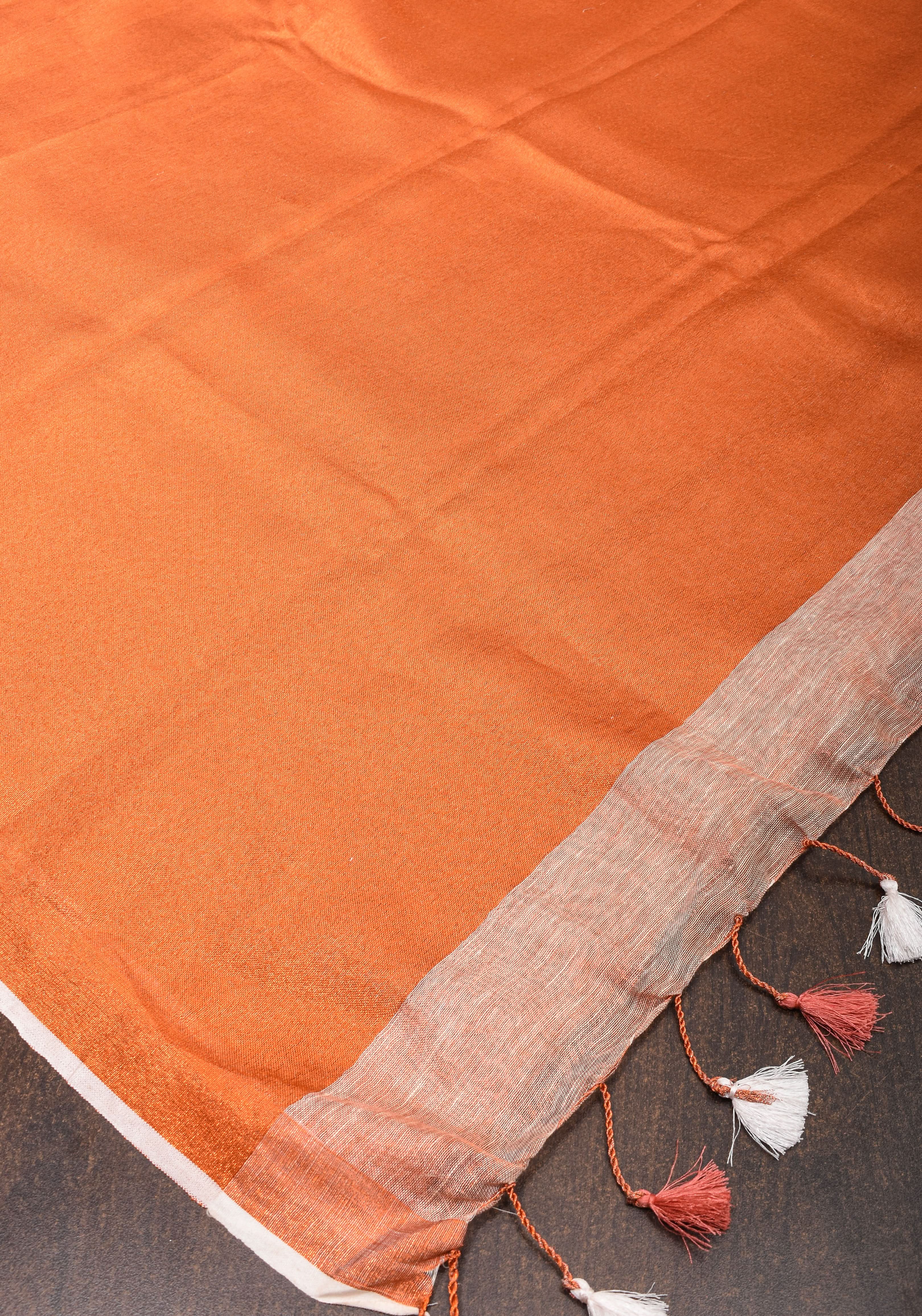 Peach Copper Tissue Linen Saree with Chunri Buttas and Tissue Pallu | Shobitam