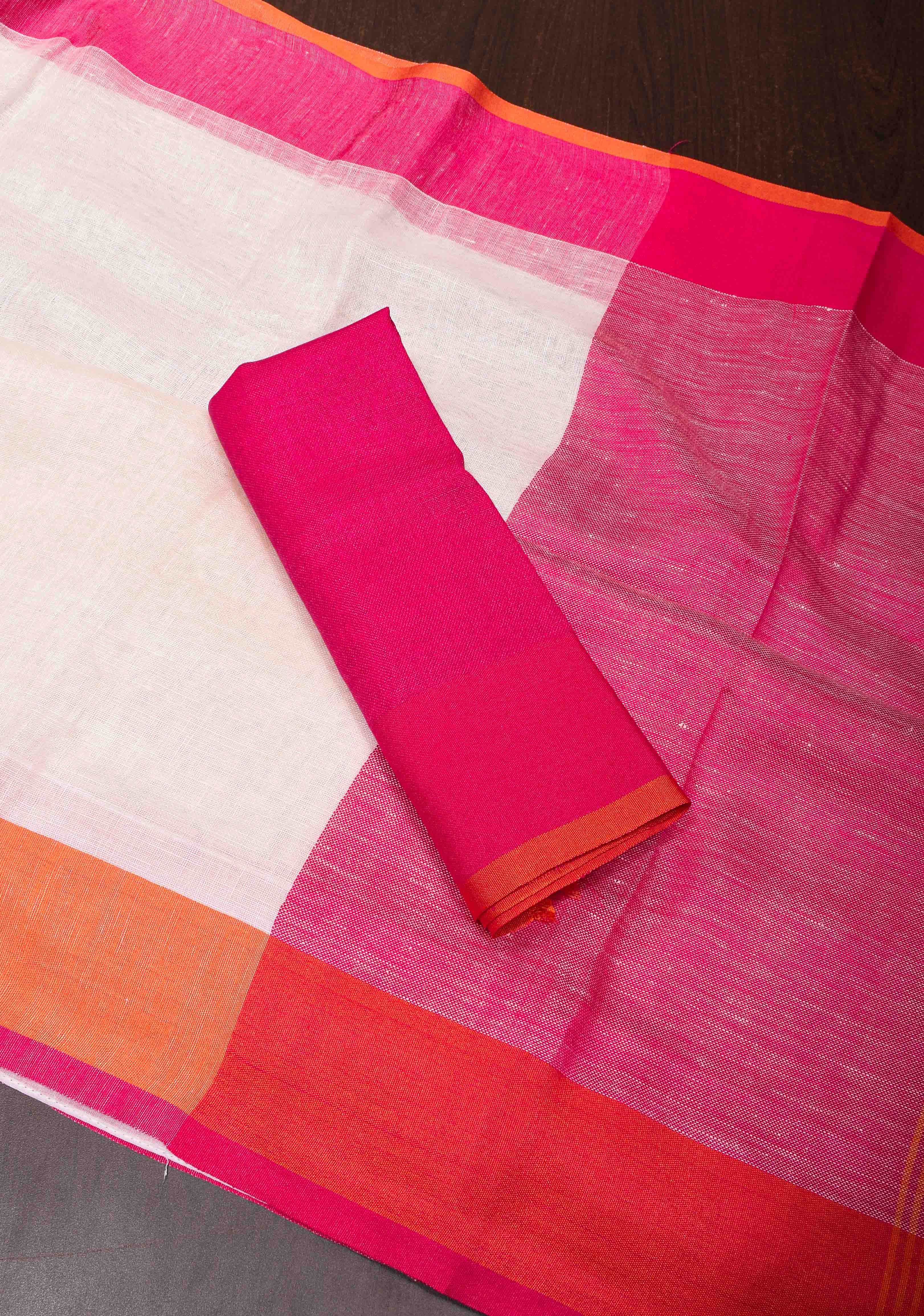Chalk White Linen Saree with Ganga Jamuna Borders | Shobitam Saree