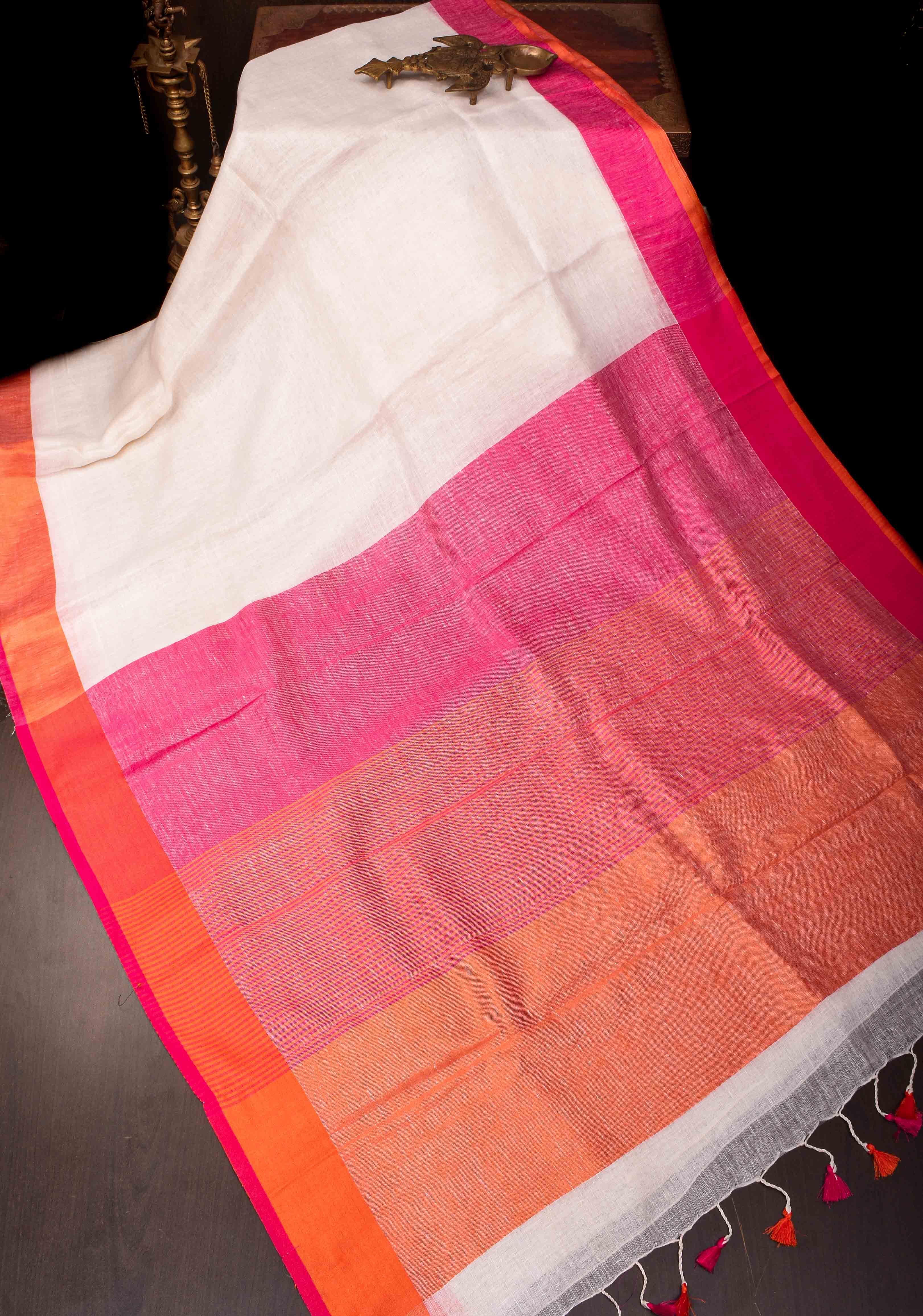 Chalk White Linen Saree with Ganga Jamuna Borders | Shobitam Saree