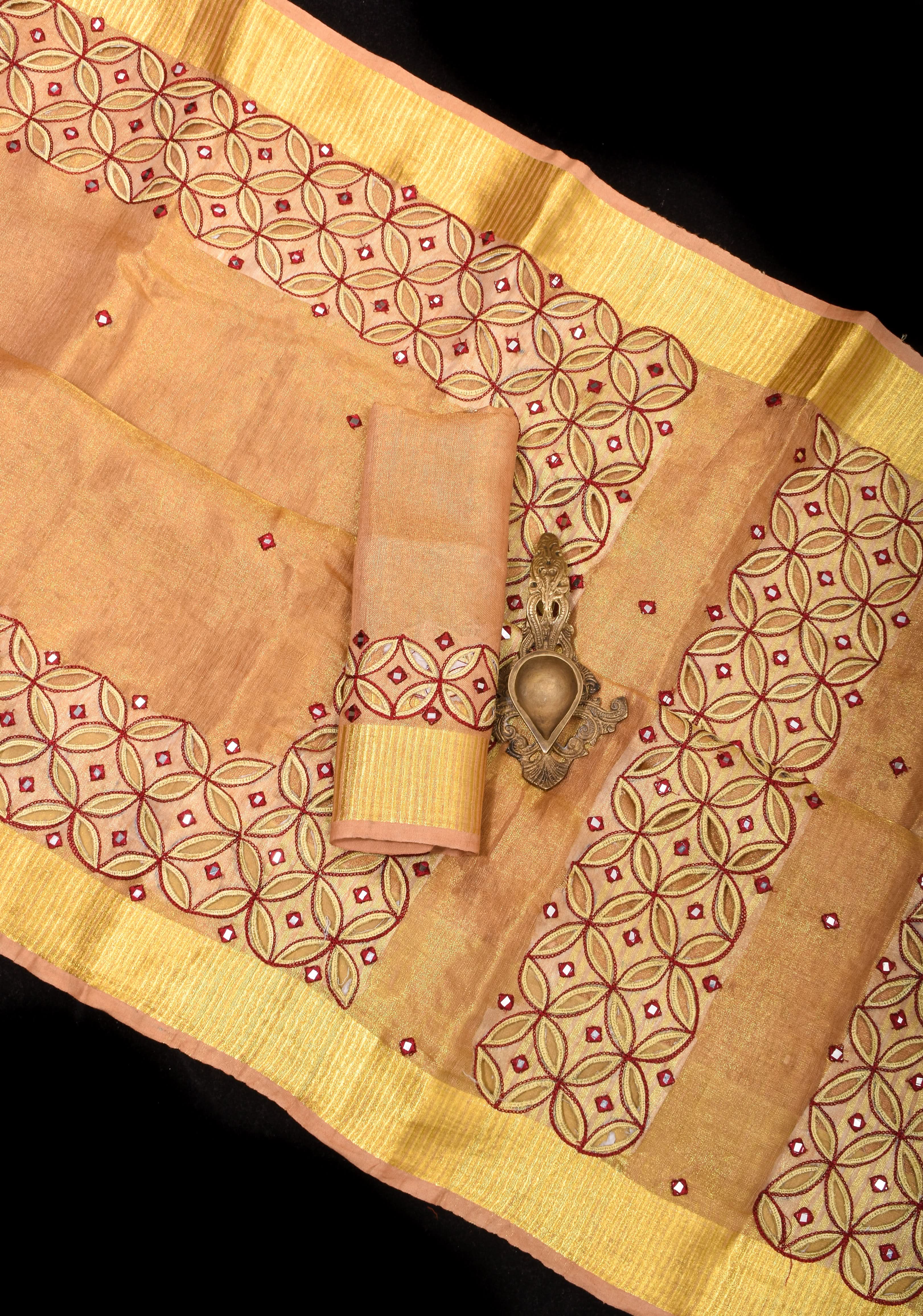 Exquisite Chudi Design Cutwork Saree in Tan Gold Tissue Linen with Maroon Highlights and Mirror disk work | Shobitam