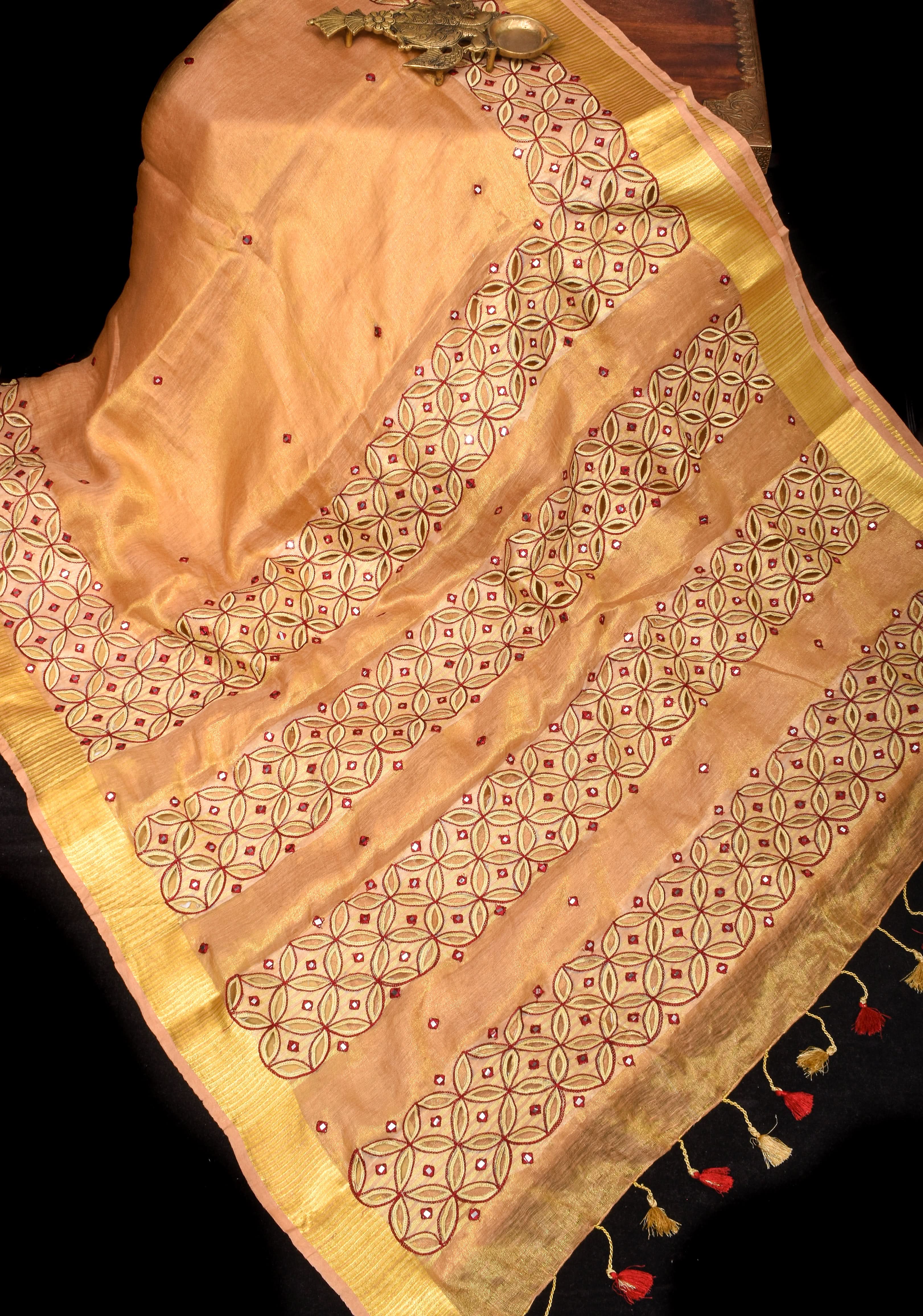 Exquisite Chudi Design Cutwork Saree in Tan Gold Tissue Linen with Maroon Highlights and Mirror disk work | Shobitam