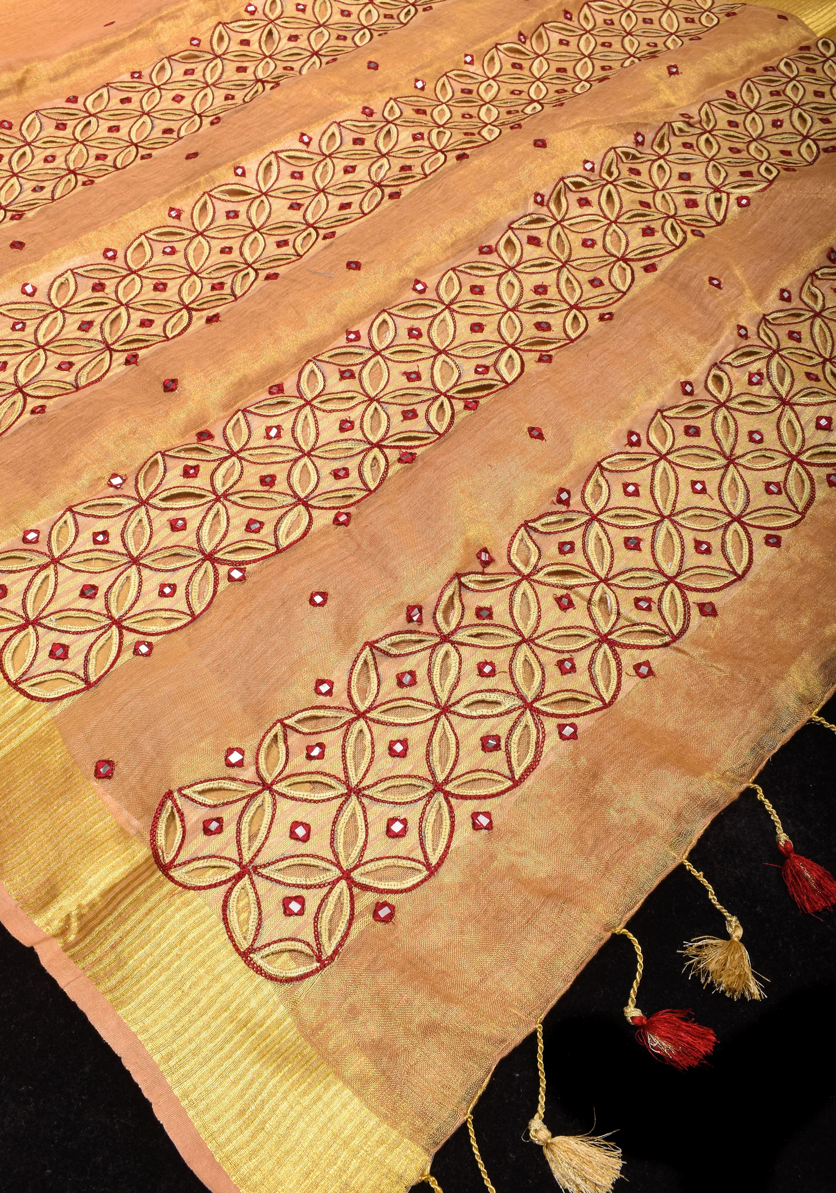 Exquisite Chudi Design Cutwork Saree in Tan Gold Tissue Linen with Maroon Highlights and Mirror disk work | Shobitam
