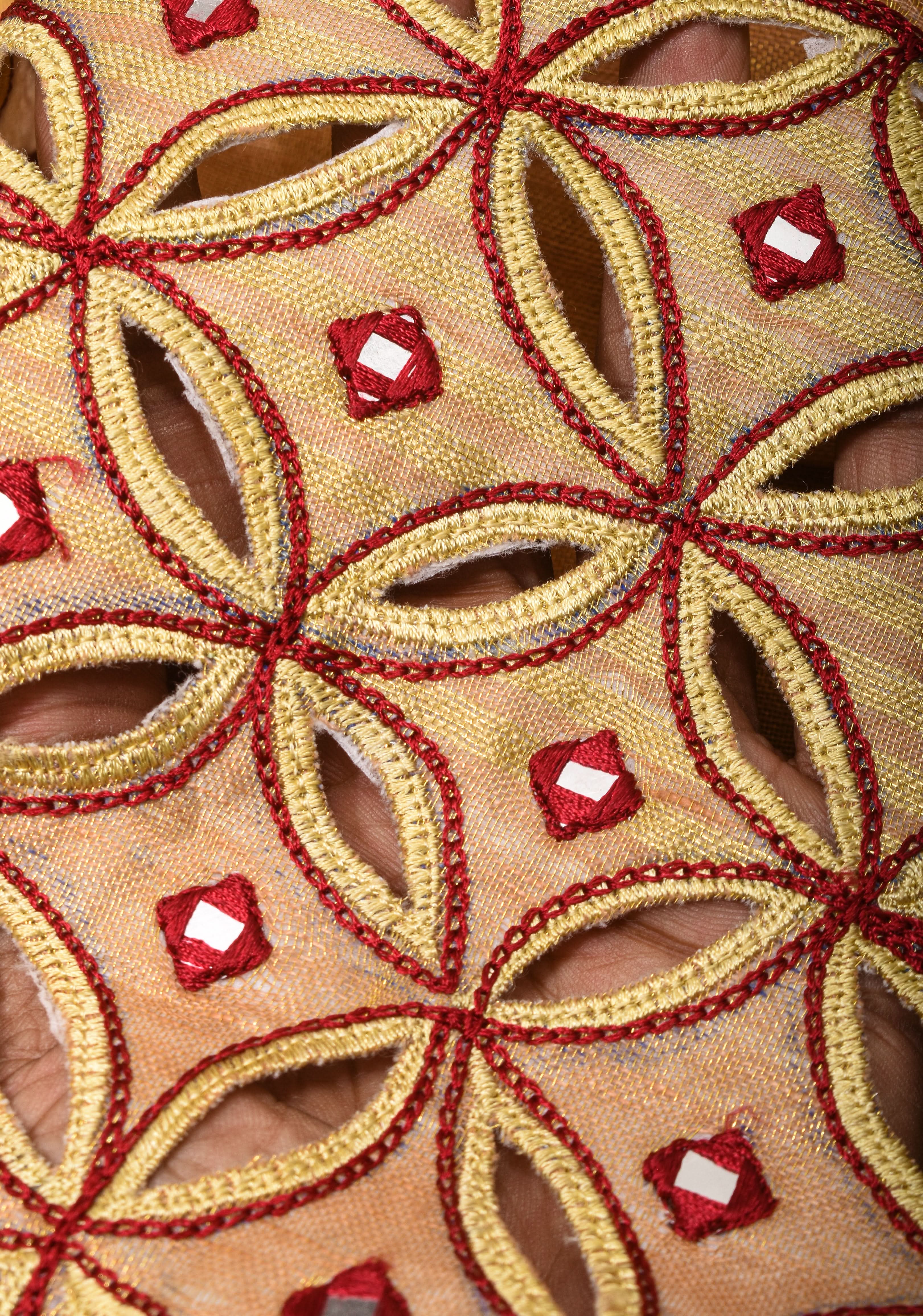 Exquisite Chudi Design Cutwork Saree in Tan Gold Tissue Linen with Maroon Highlights and Mirror disk work | Shobitam