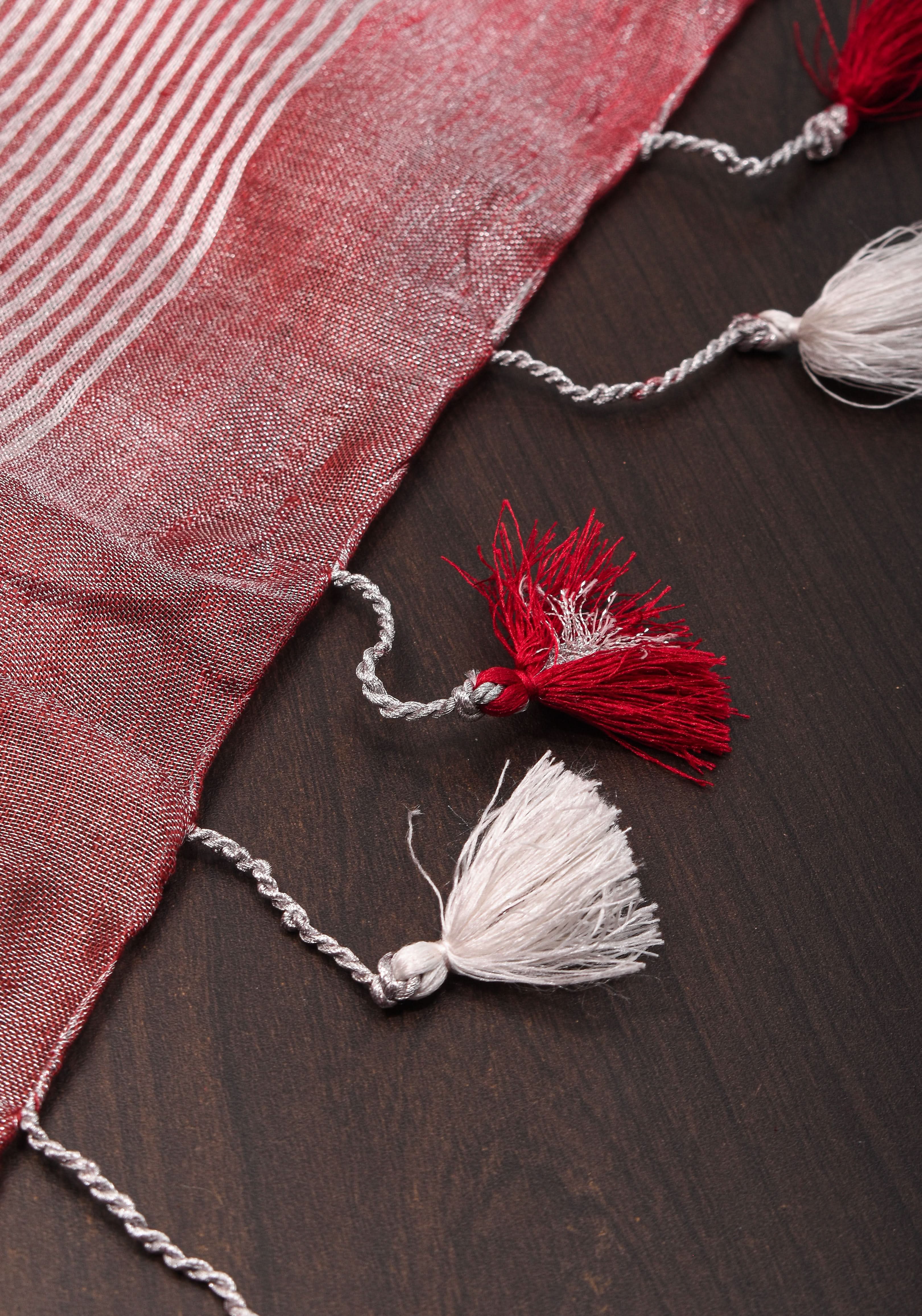 Pomegranate Ombre Tissue Linen Saree with Silver Ribbed Borders | SHOBITAM