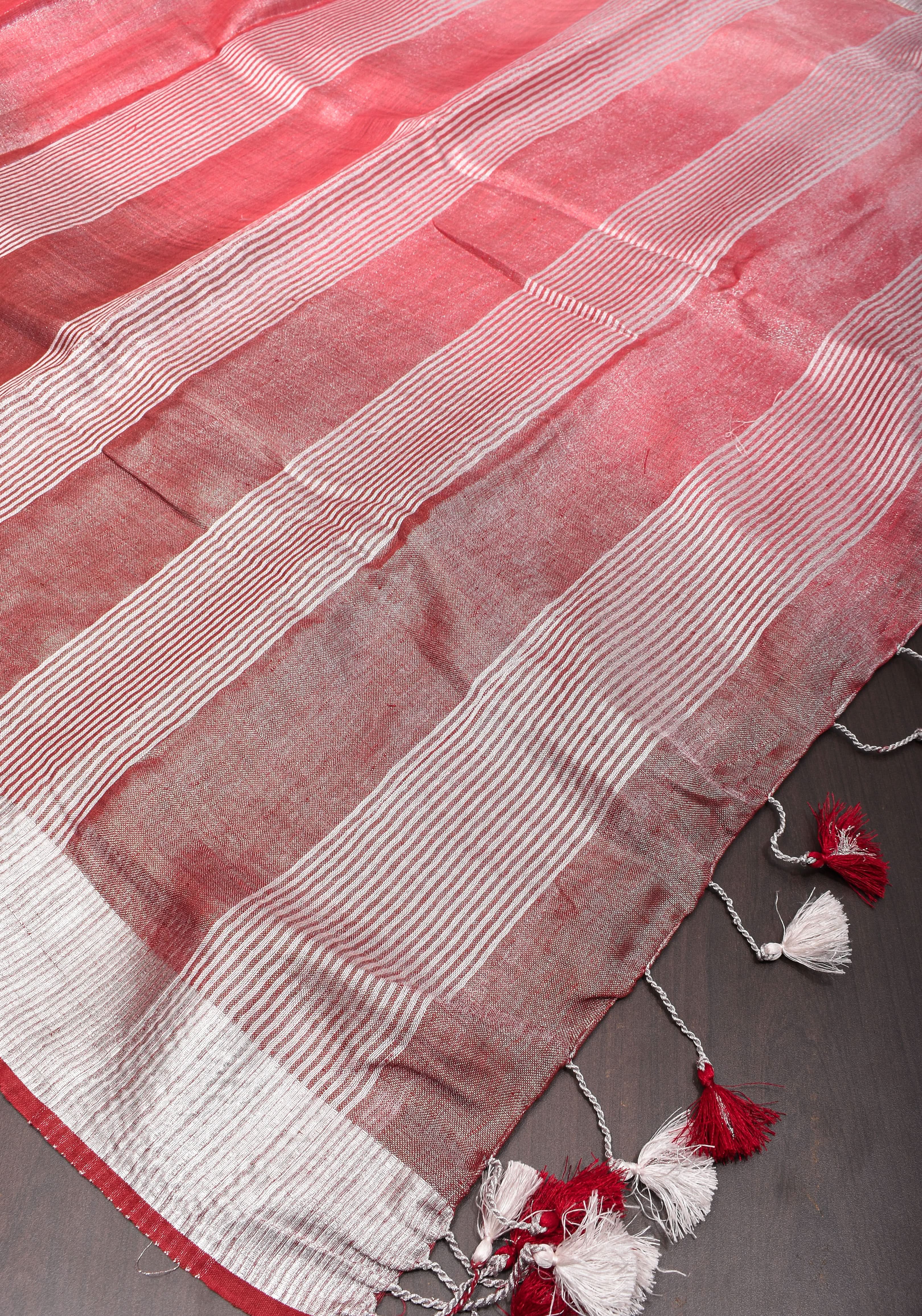 Pomegranate Ombre Tissue Linen Saree with Silver Ribbed Borders | SHOBITAM
