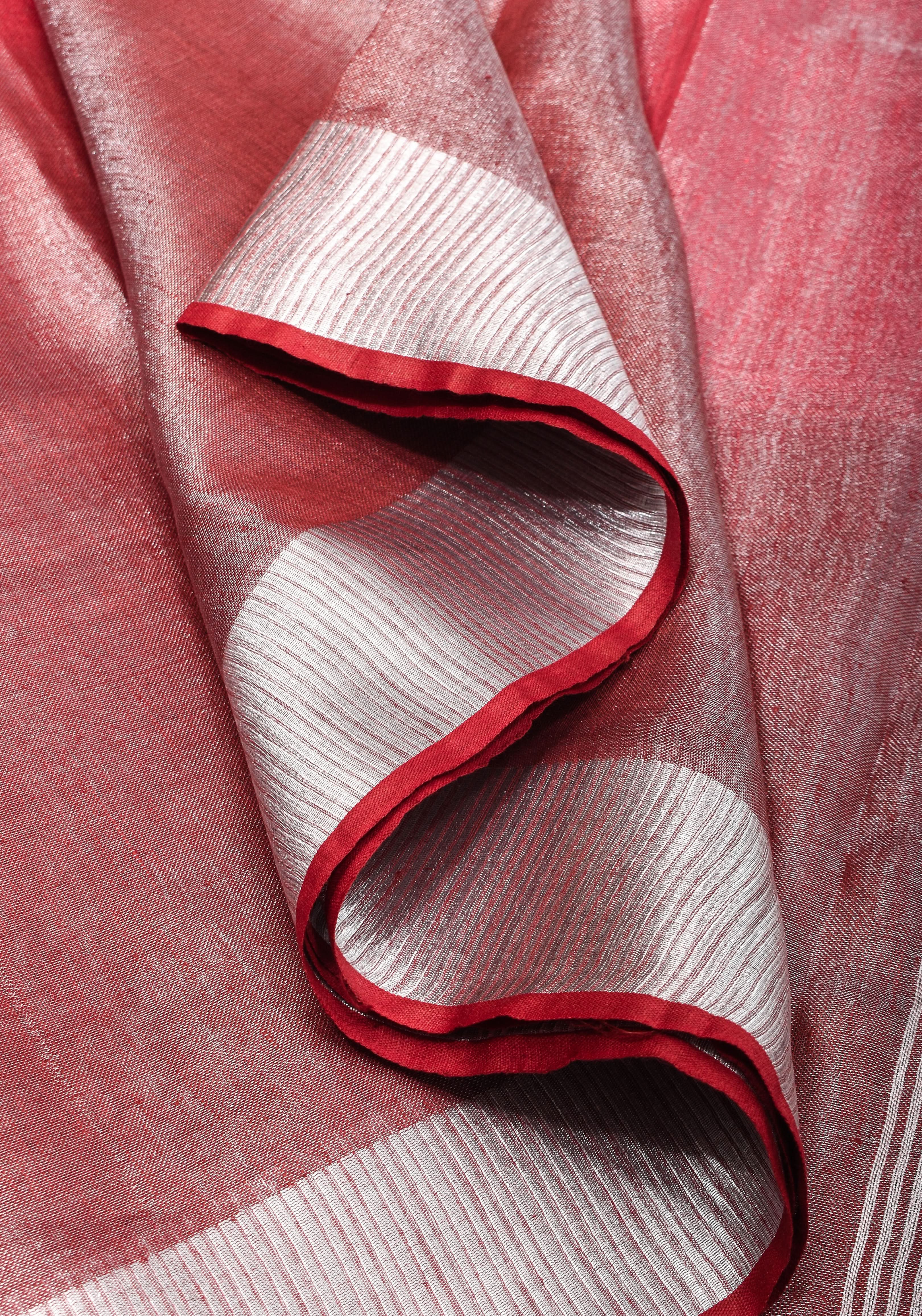 Pomegranate Ombre Tissue Linen Saree with Silver Ribbed Borders | SHOBITAM