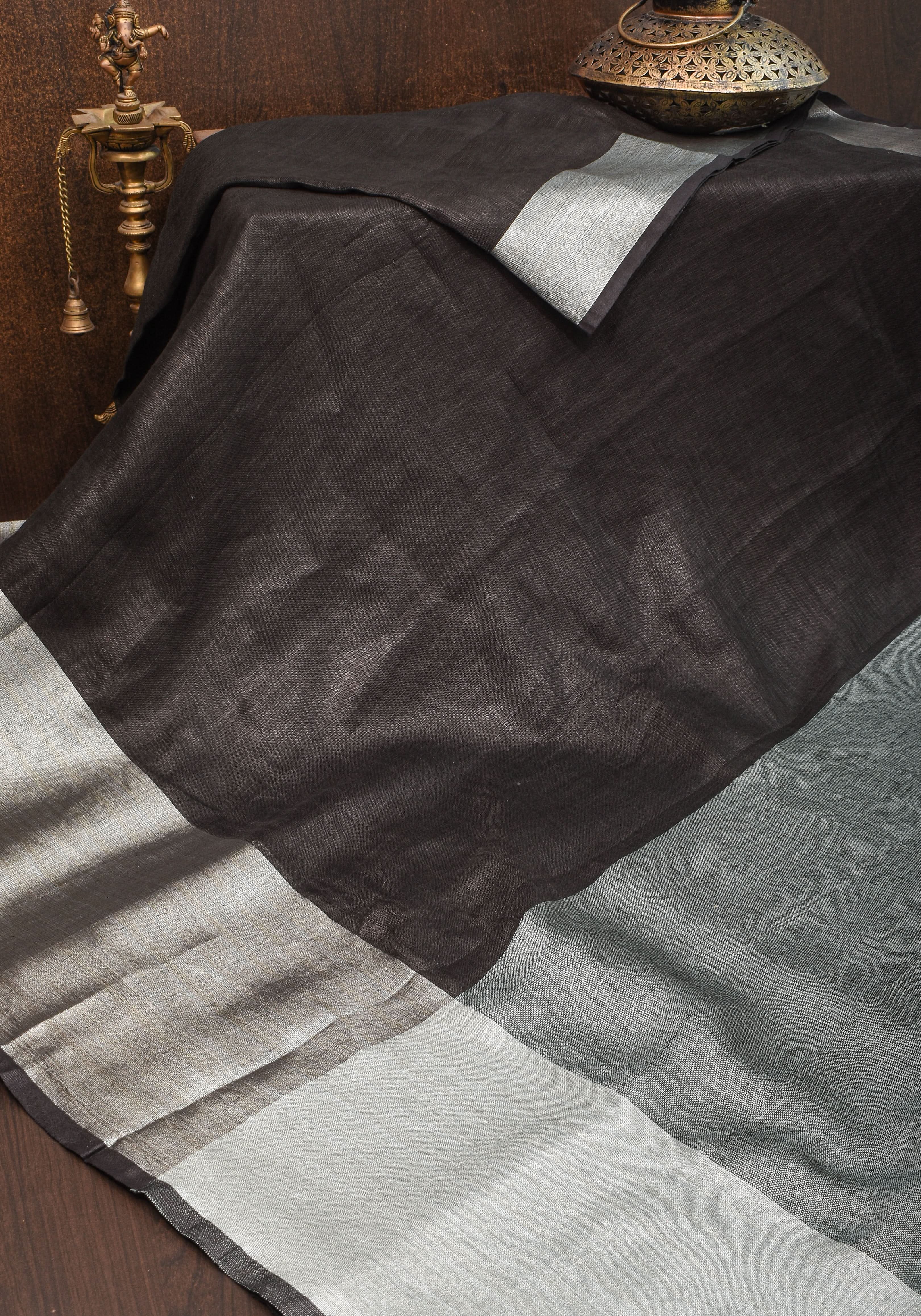 Black Linen by Linen Saree with Wide Border | Shobitam