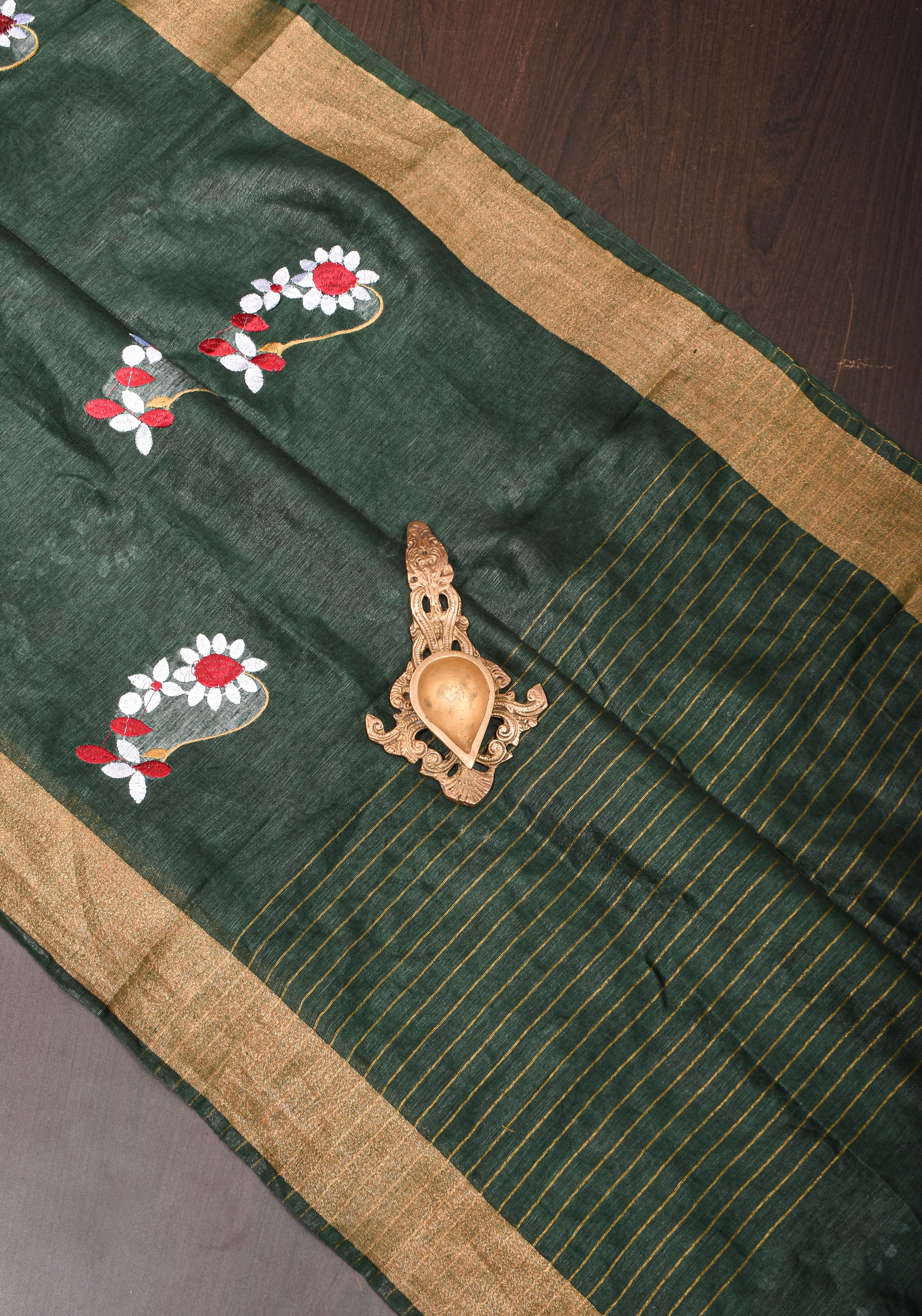 Hunter Green Silk Linen Saree with Moti Nath Embroidery,Woven zari Borders and Long Tassels | Shobitam