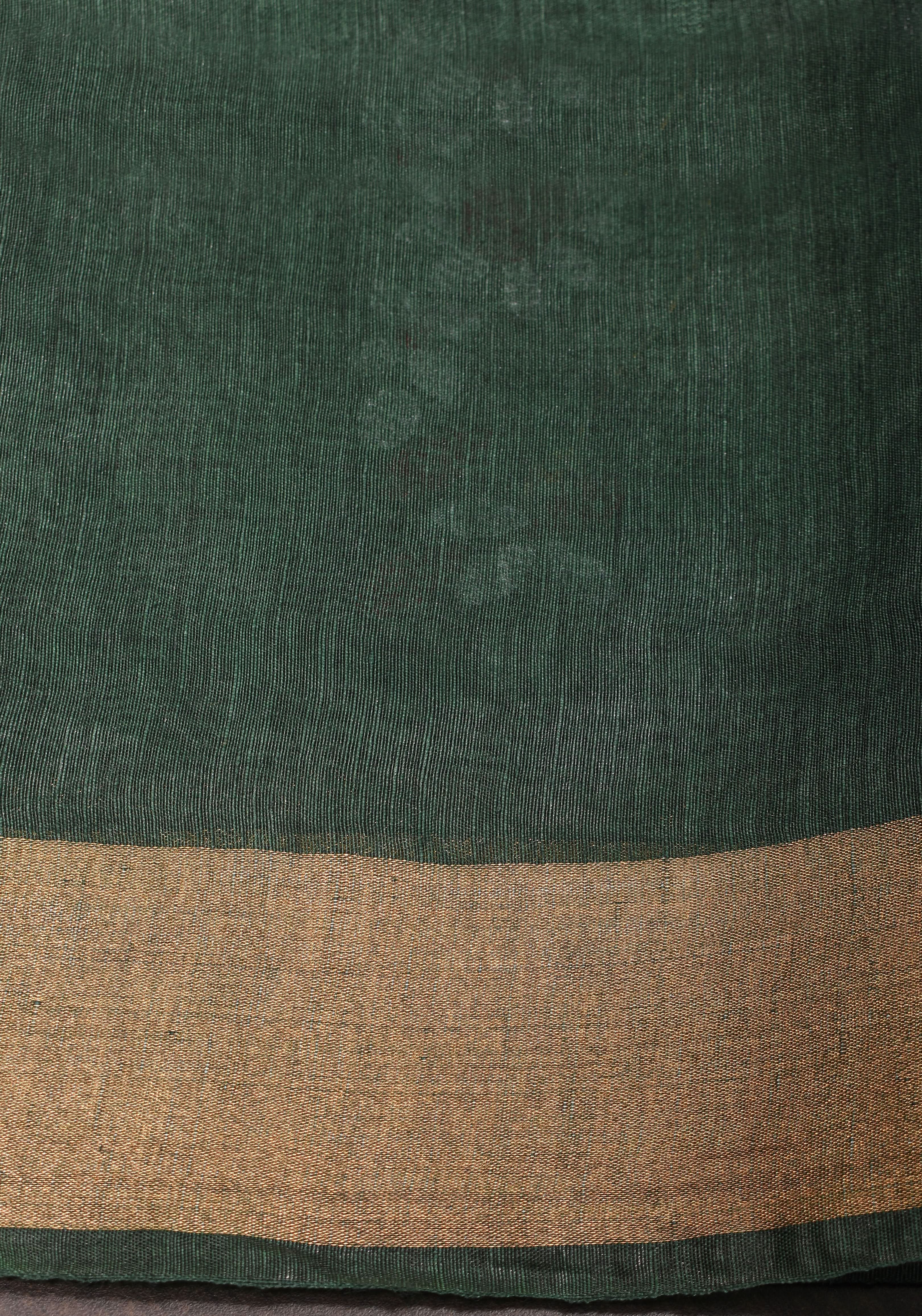 Hunter Green Silk Linen Saree with Moti Nath Embroidery,Woven zari Borders and Long Tassels | Shobitam