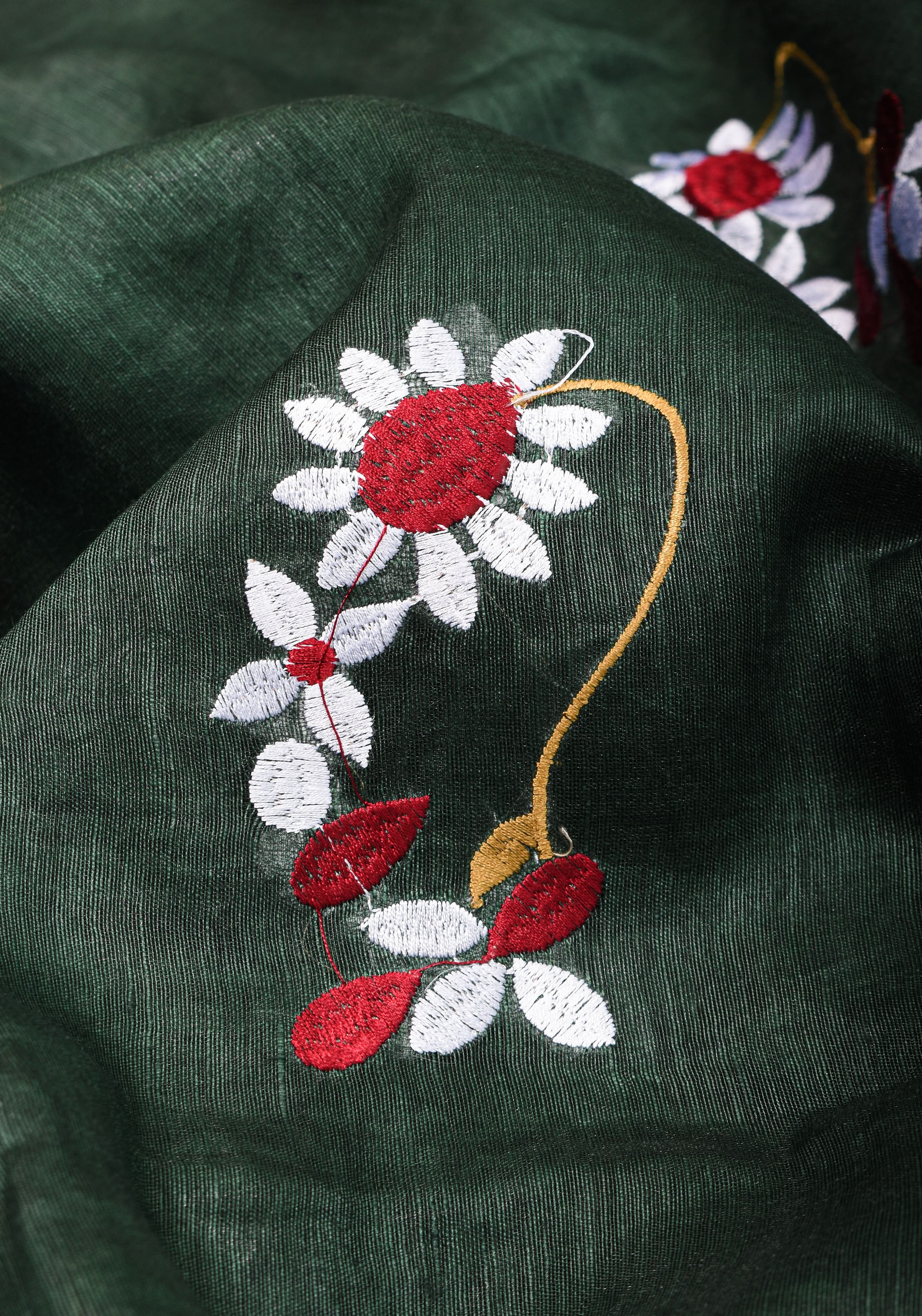 Hunter Green Silk Linen Saree with Moti Nath Embroidery,Woven zari Borders and Long Tassels | Shobitam