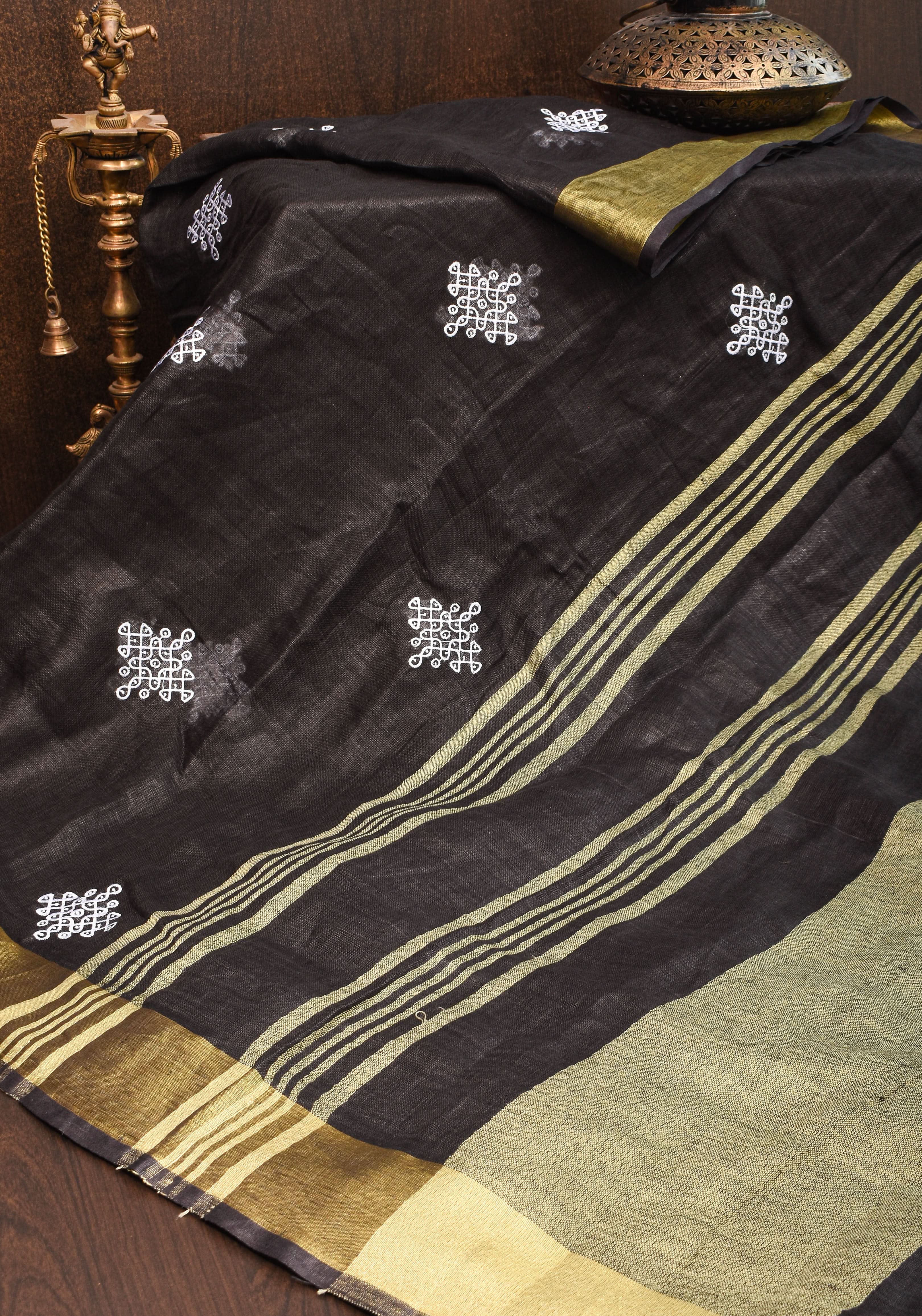 Black Linen by Linen Saree with Rangoli Embroidery | Shobitam