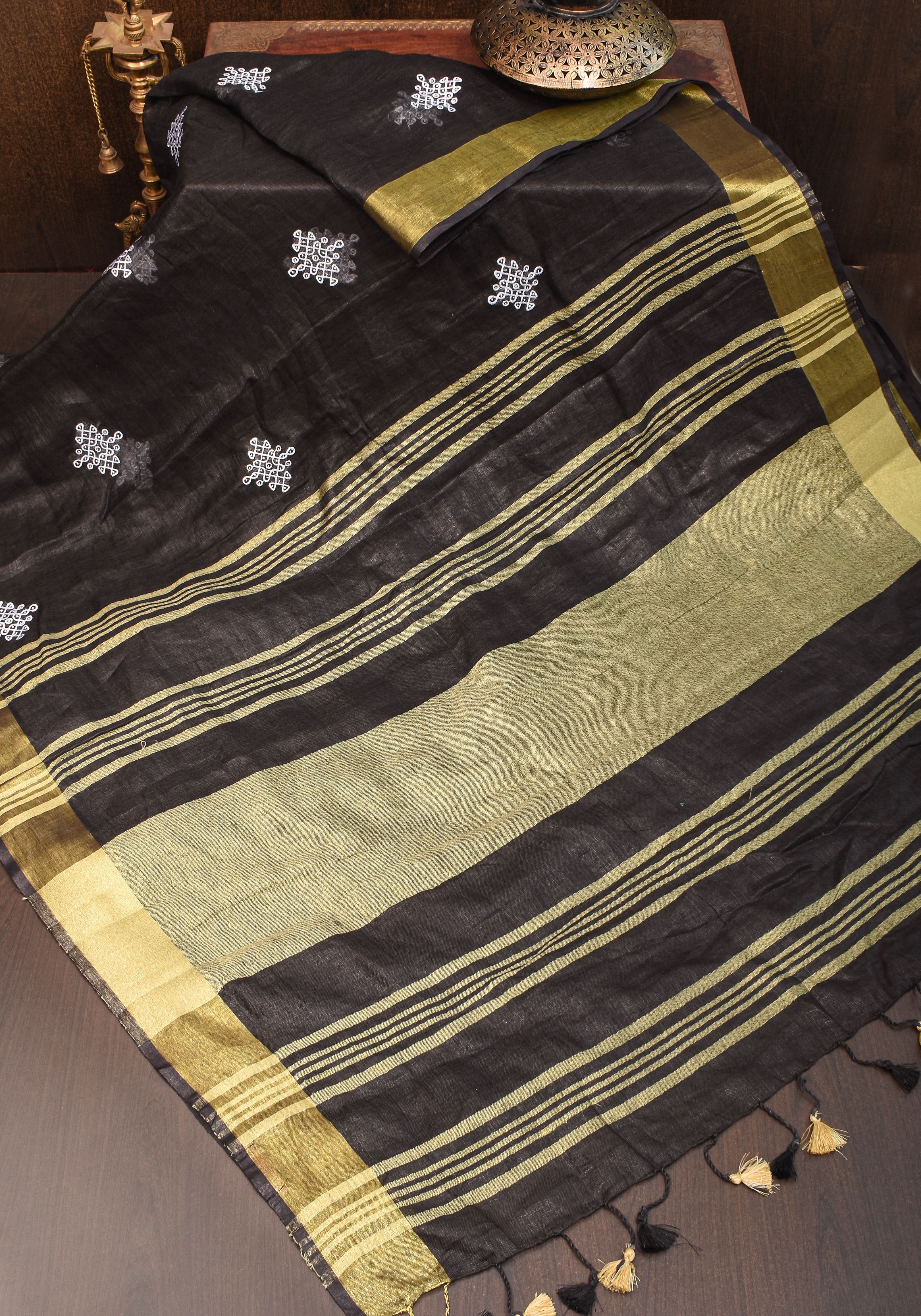 Black Linen by Linen Saree with Rangoli Embroidery | Shobitam
