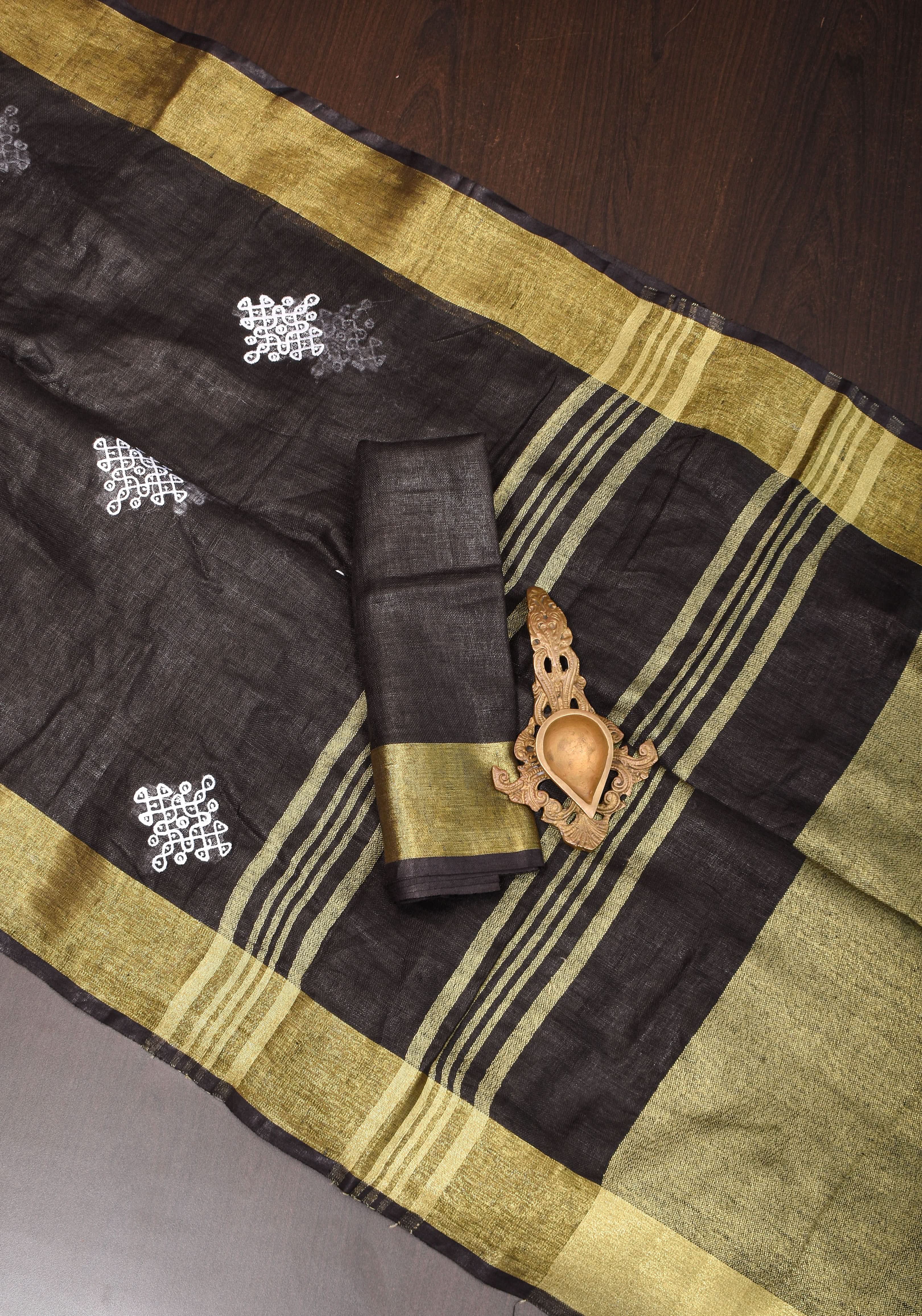 Black Linen by Linen Saree with Rangoli Embroidery | Shobitam
