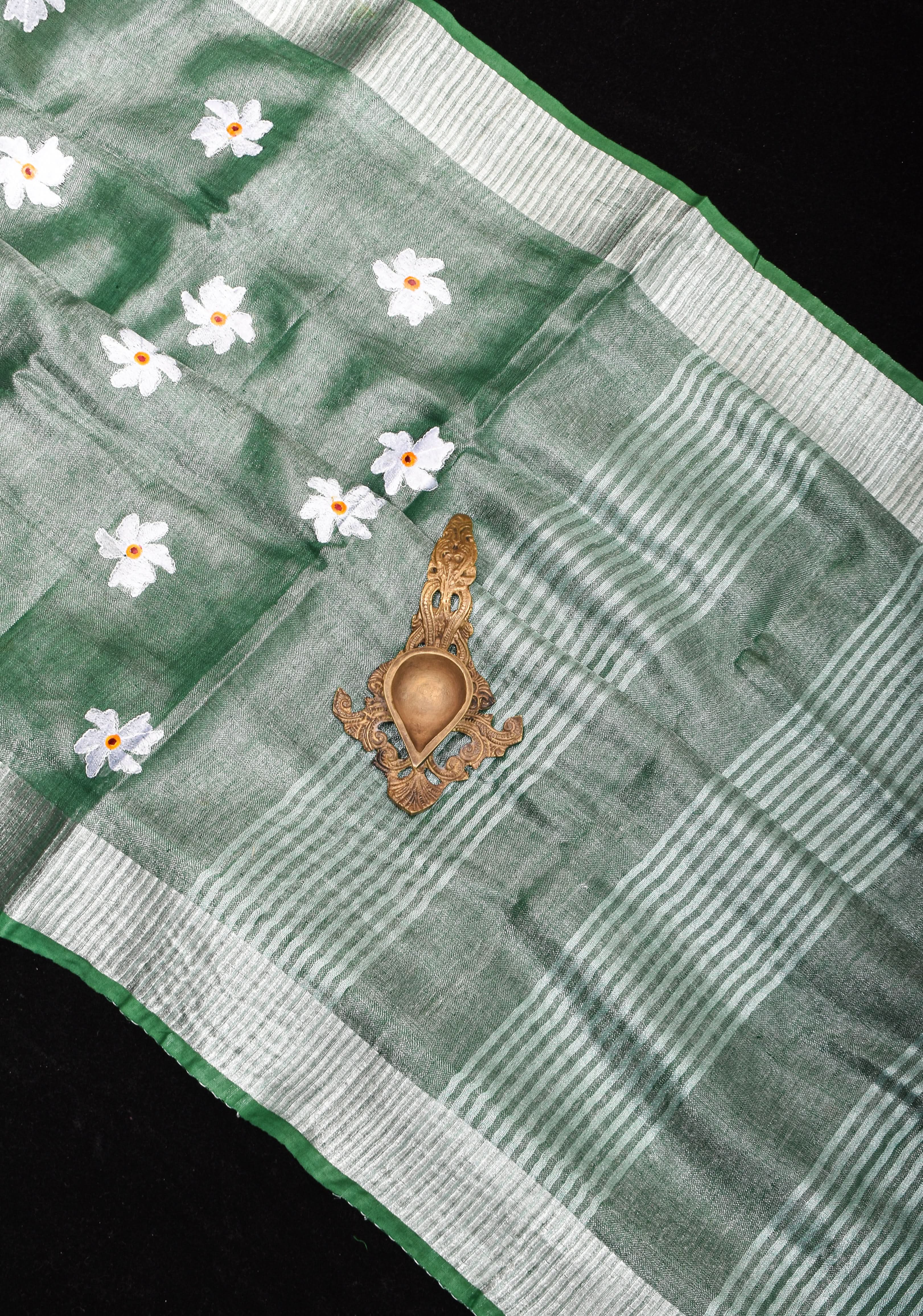Tissue Linen Saree in Mint Green and Silver with Parijaat floral Embroidery | Shobitam