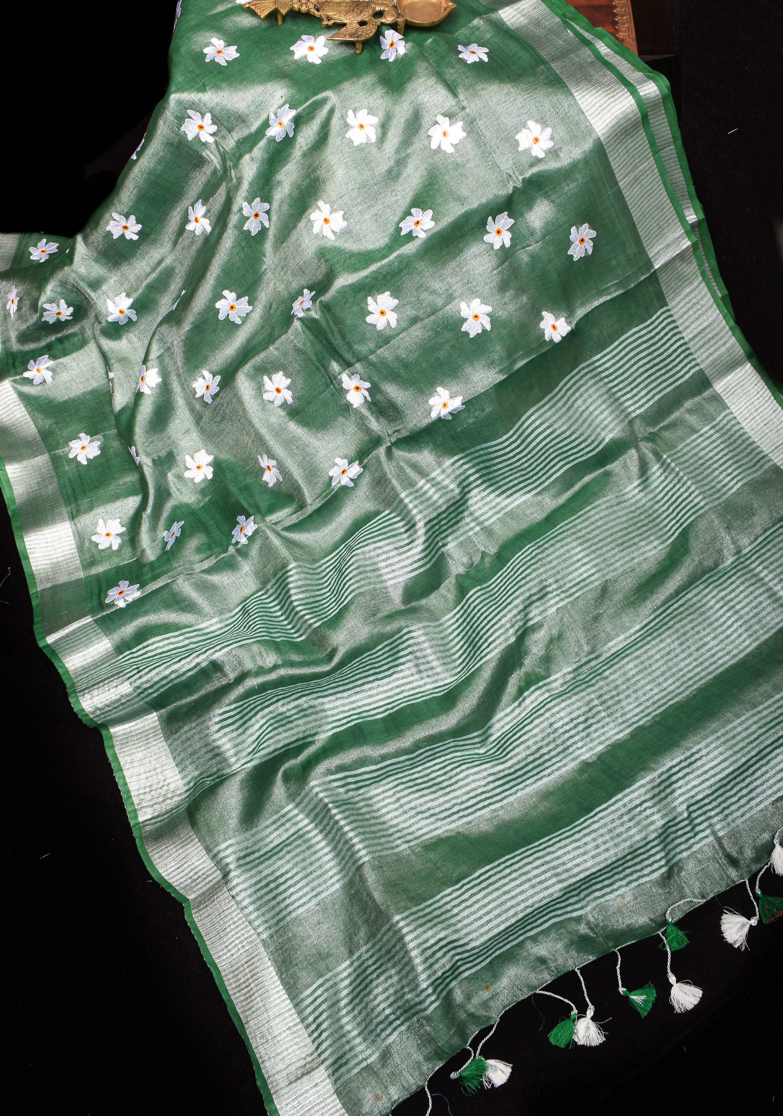 Tissue Linen Saree in Mint Green and Silver with Parijaat floral Embroidery | Shobitam