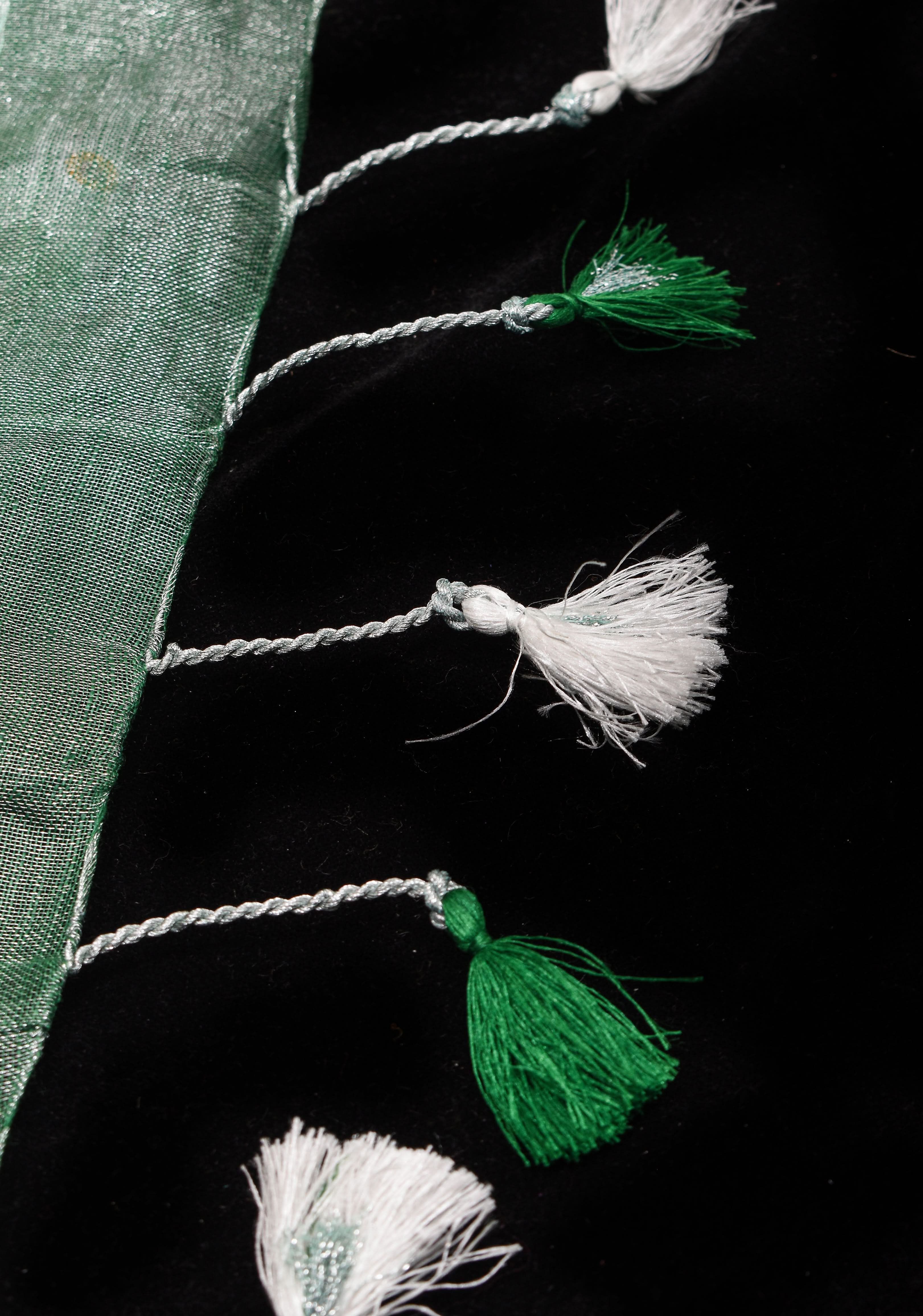 Tissue Linen Saree in Mint Green and Silver with Parijaat floral Embroidery | Shobitam