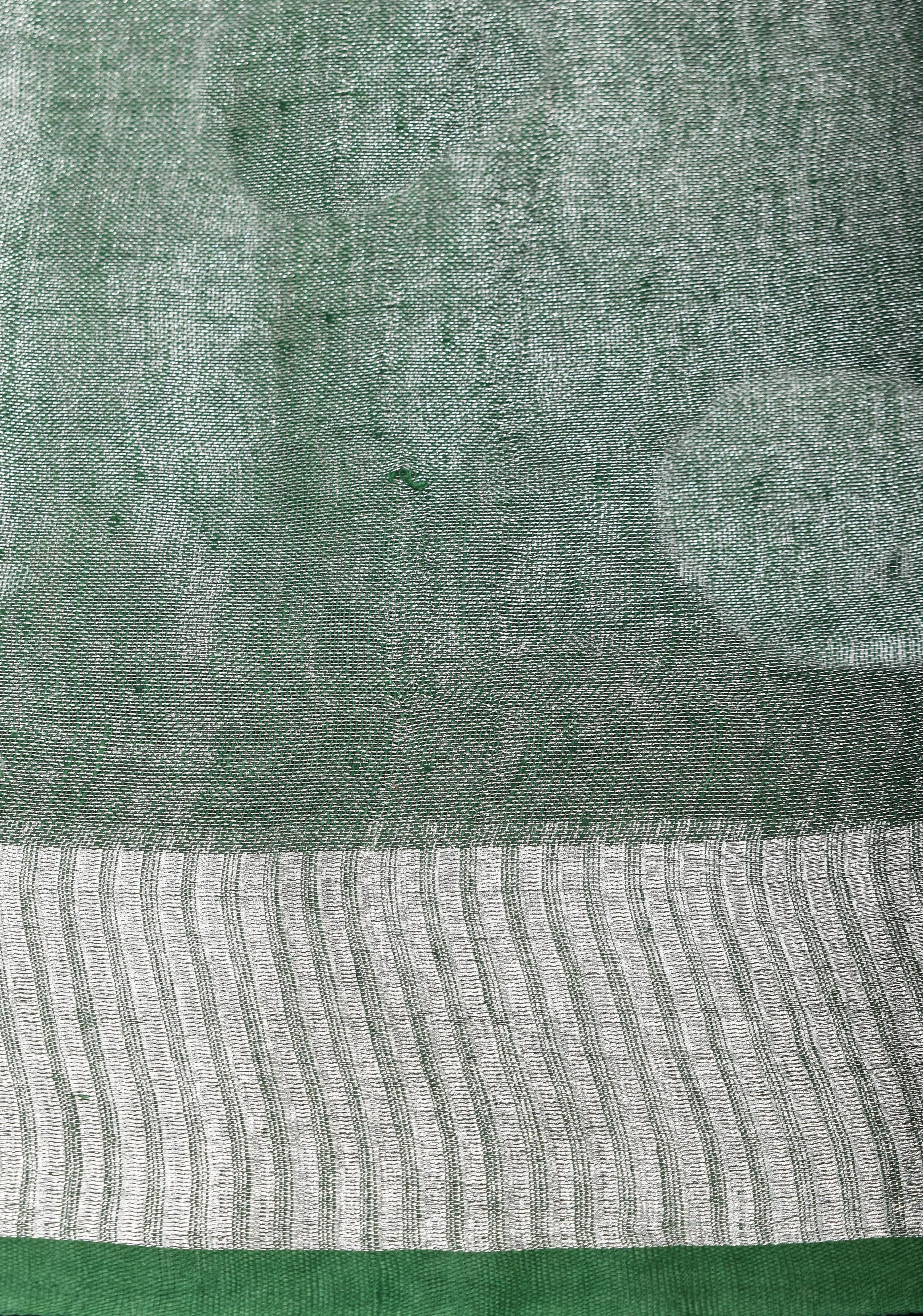 Tissue Linen Saree in Mint Green and Silver with Parijaat floral Embroidery | Shobitam