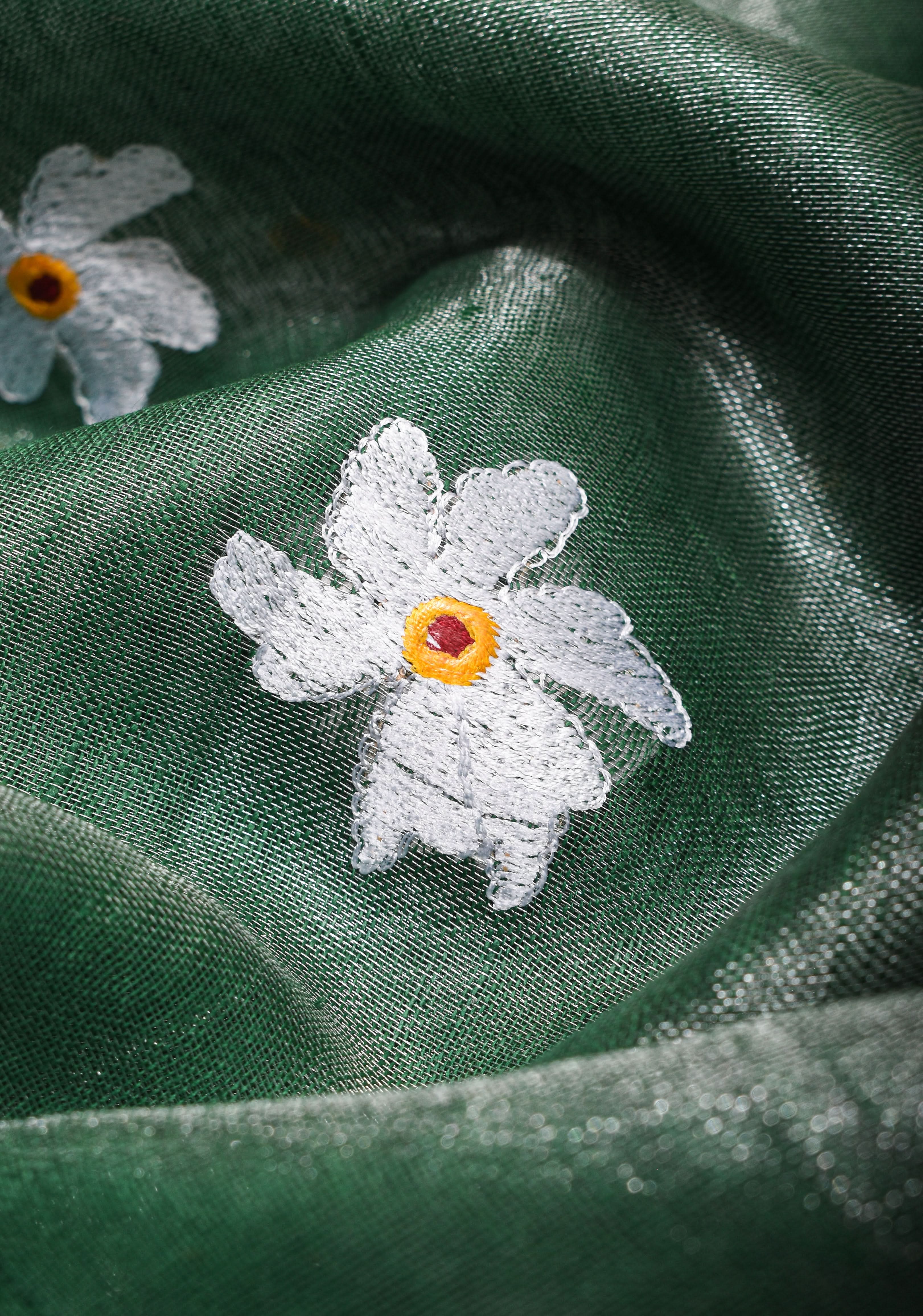 Tissue Linen Saree in Mint Green and Silver with Parijaat floral Embroidery | Shobitam