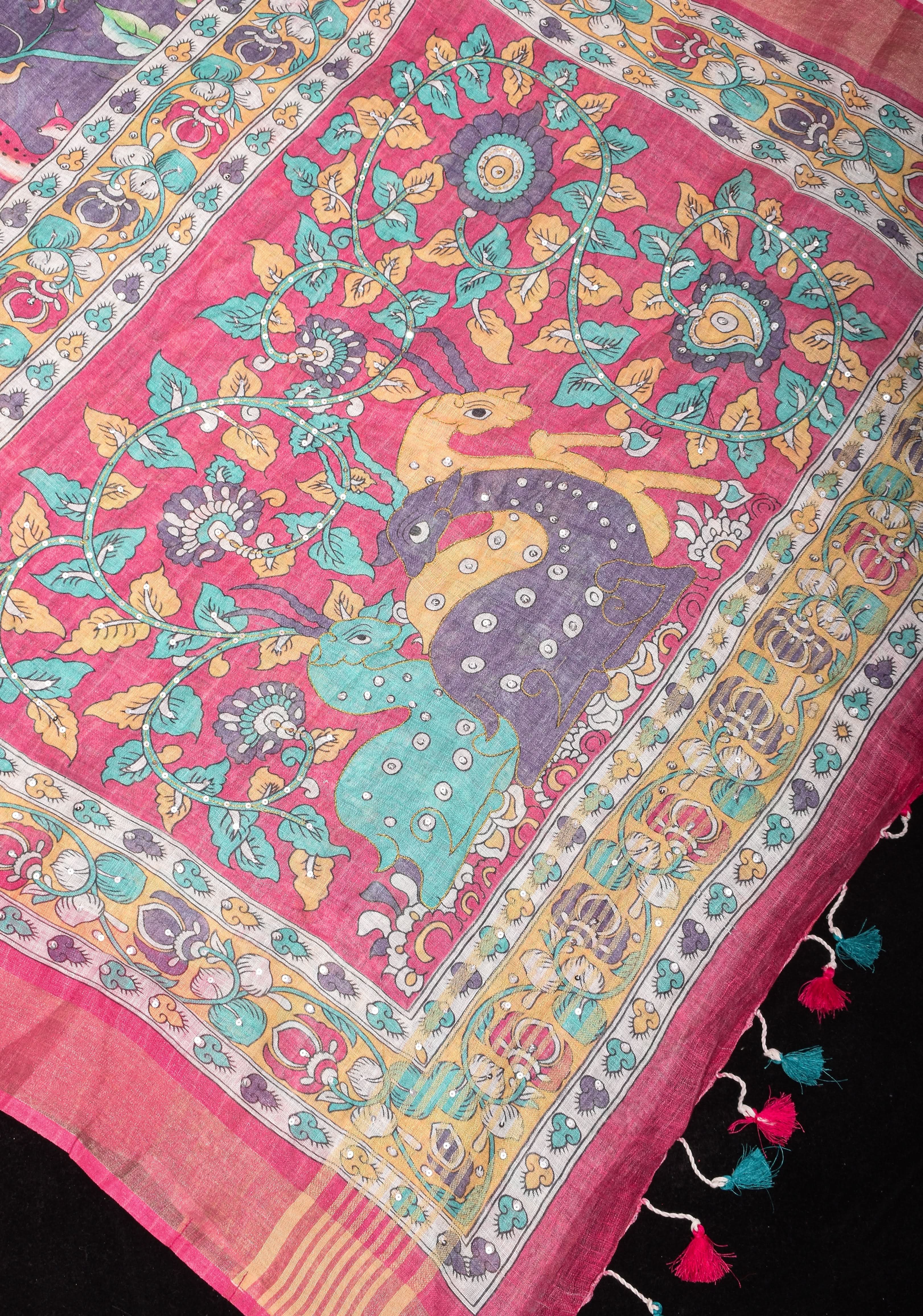 Distressed Print Kalamkari Linen Saree with Hand Sequin Work | Shobitam