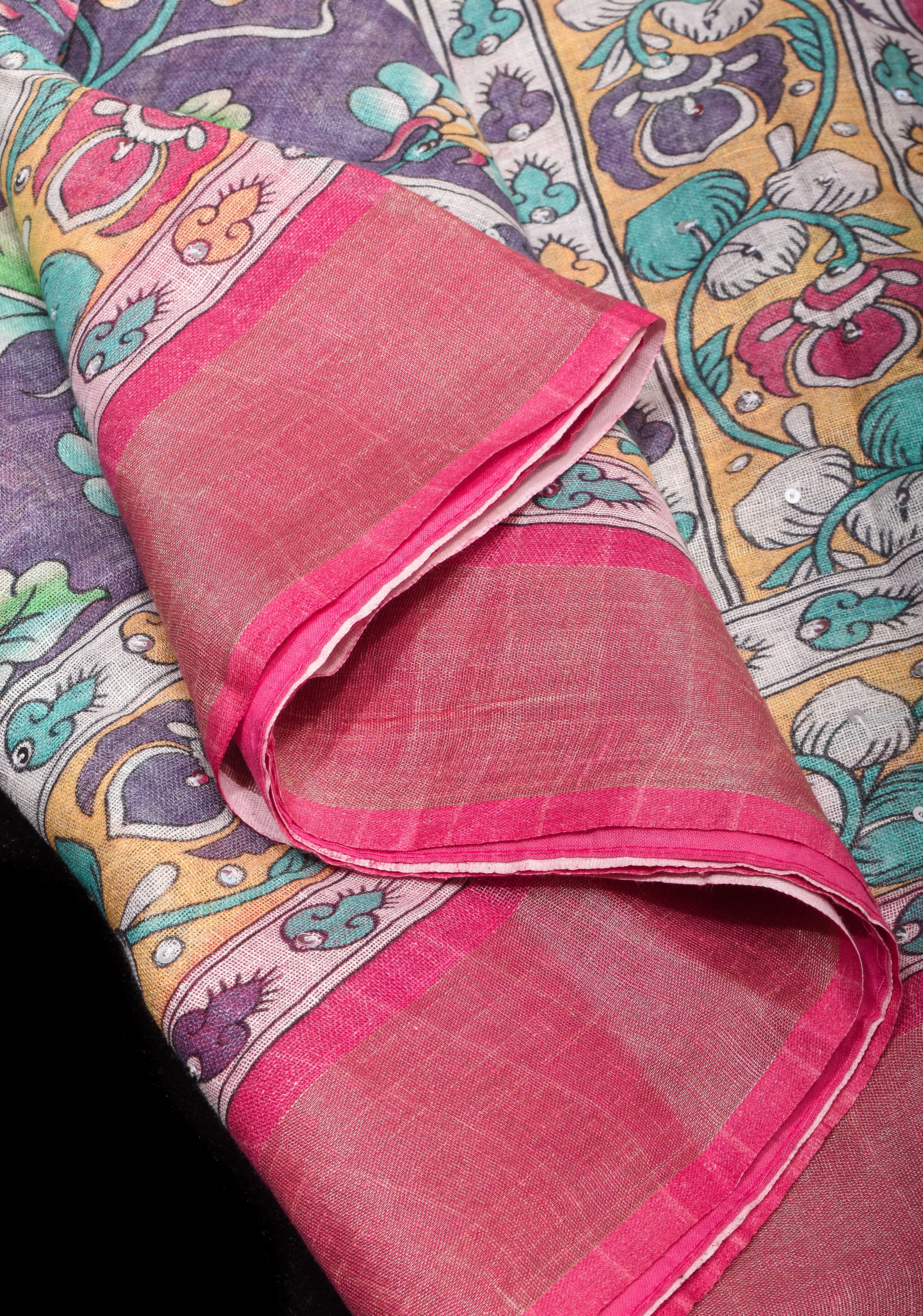 Distressed Print Kalamkari Linen Saree with Hand Sequin Work | Shobitam