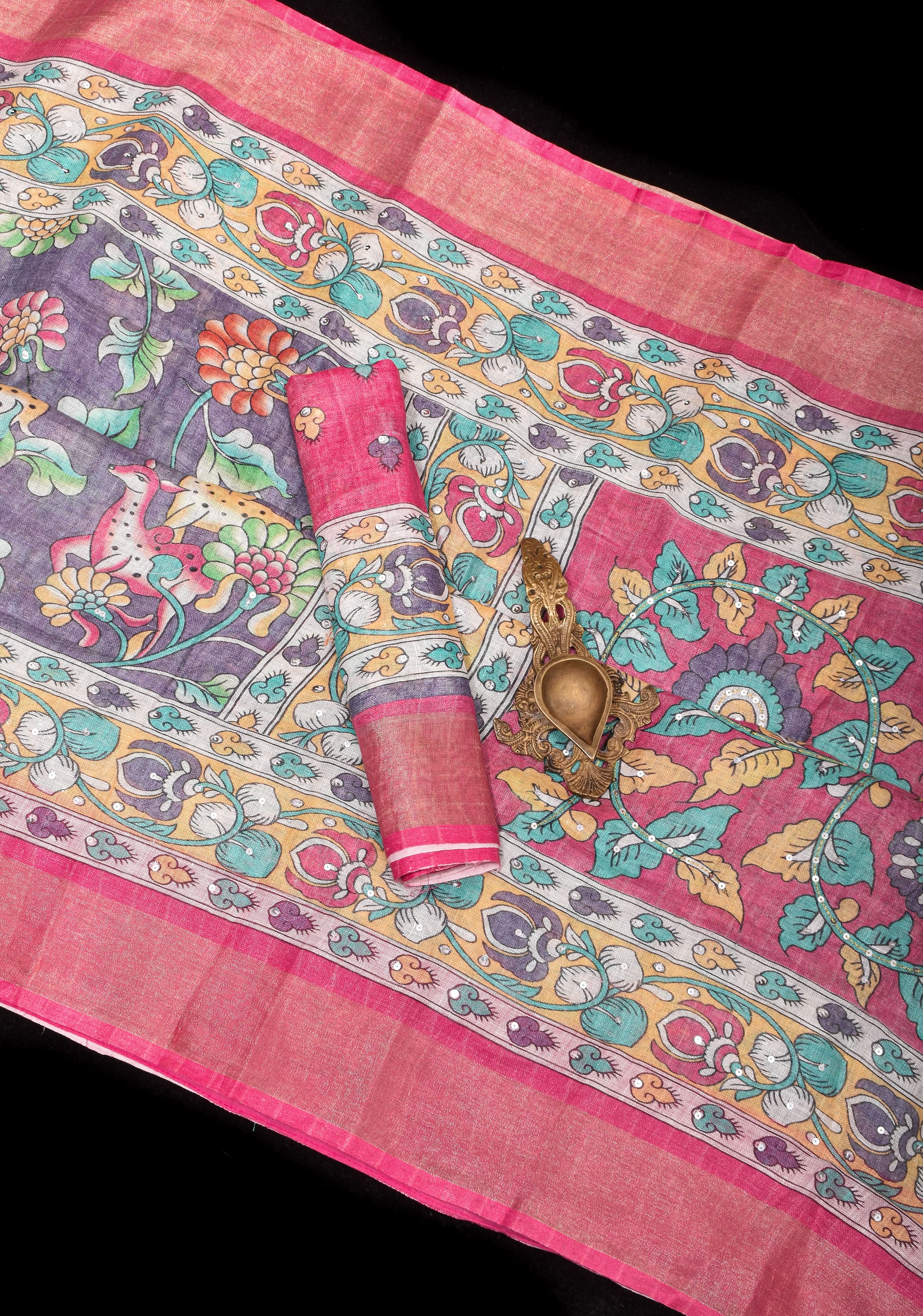 Distressed Print Kalamkari Linen Saree with Hand Sequin Work | Shobitam