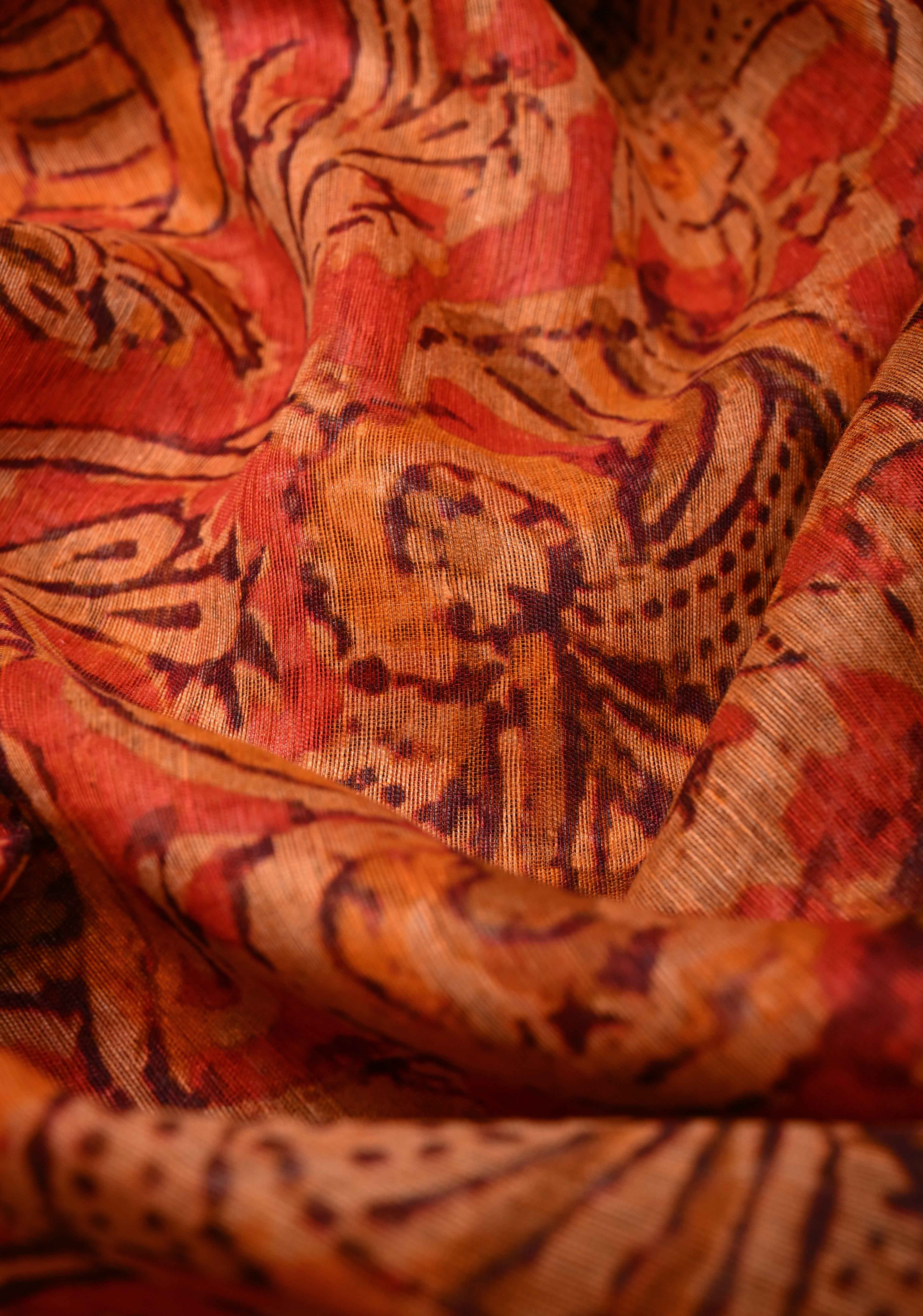 Ashta Ganapathi Kalamkari Digital Print Silk Linen Saree in Orange | Shobitam