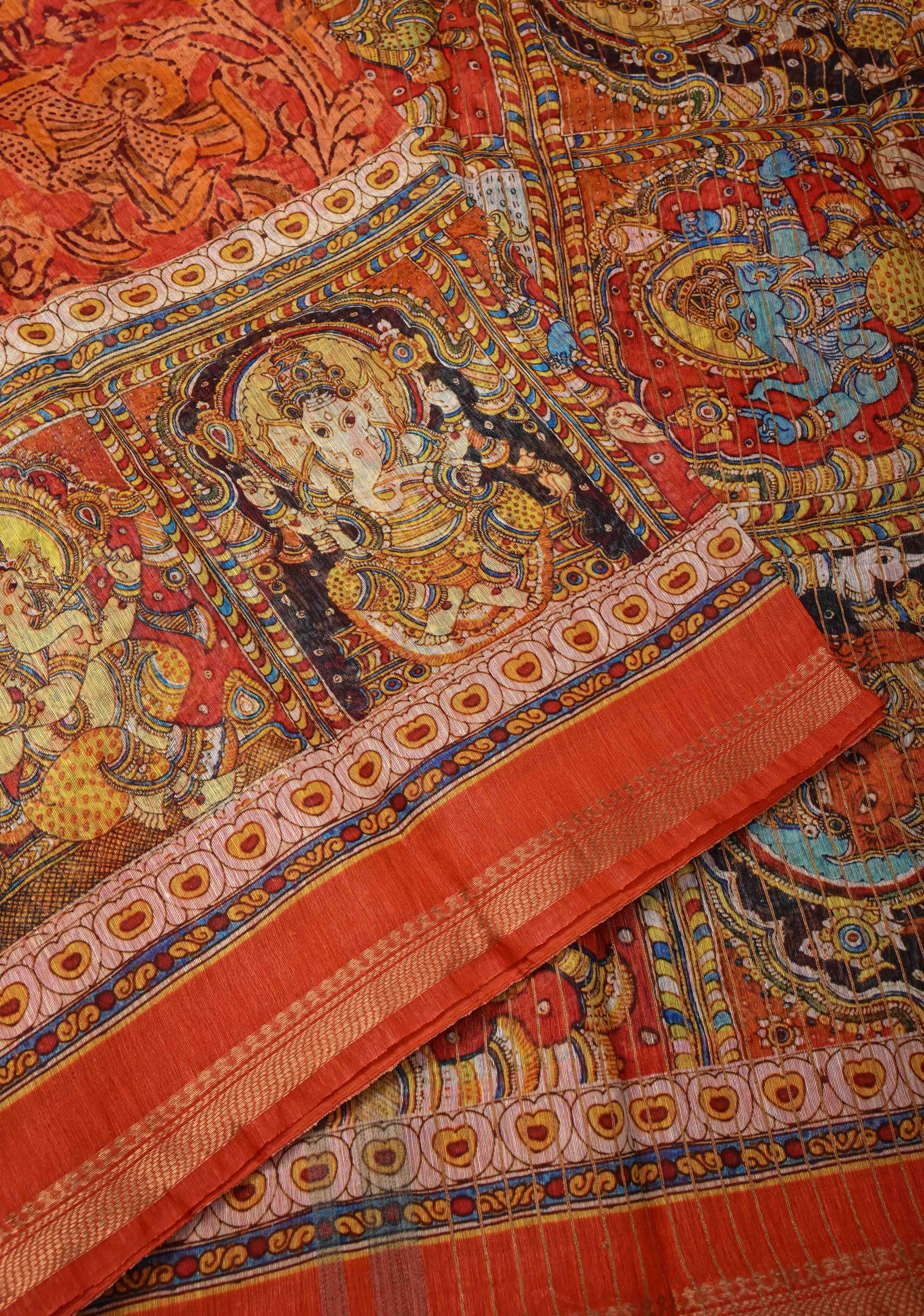 Ashta Ganapathi Kalamkari Digital Print Silk Linen Saree in Orange | Shobitam