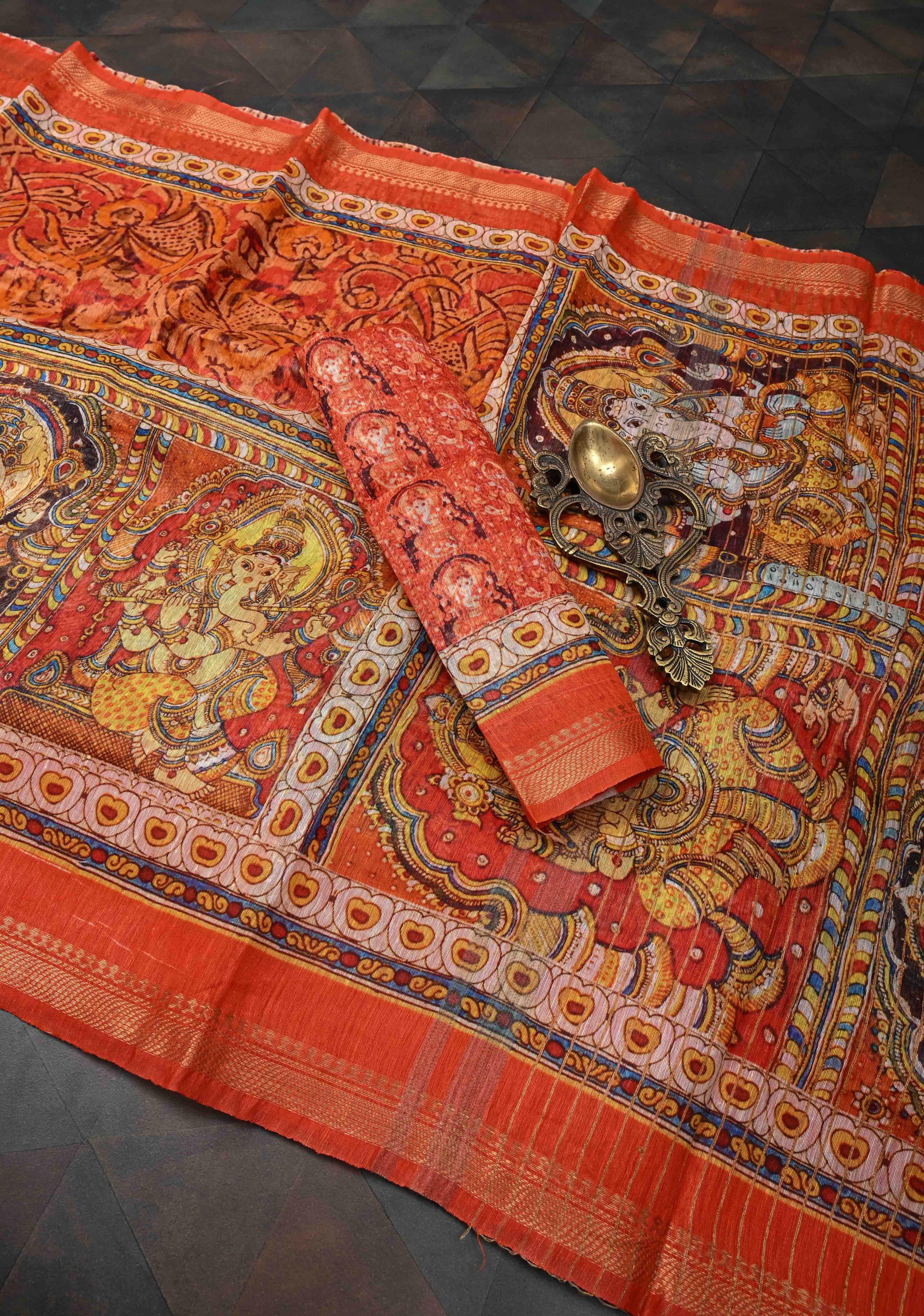 Ashta Ganapathi Kalamkari Digital Print Silk Linen Saree in Orange | Shobitam