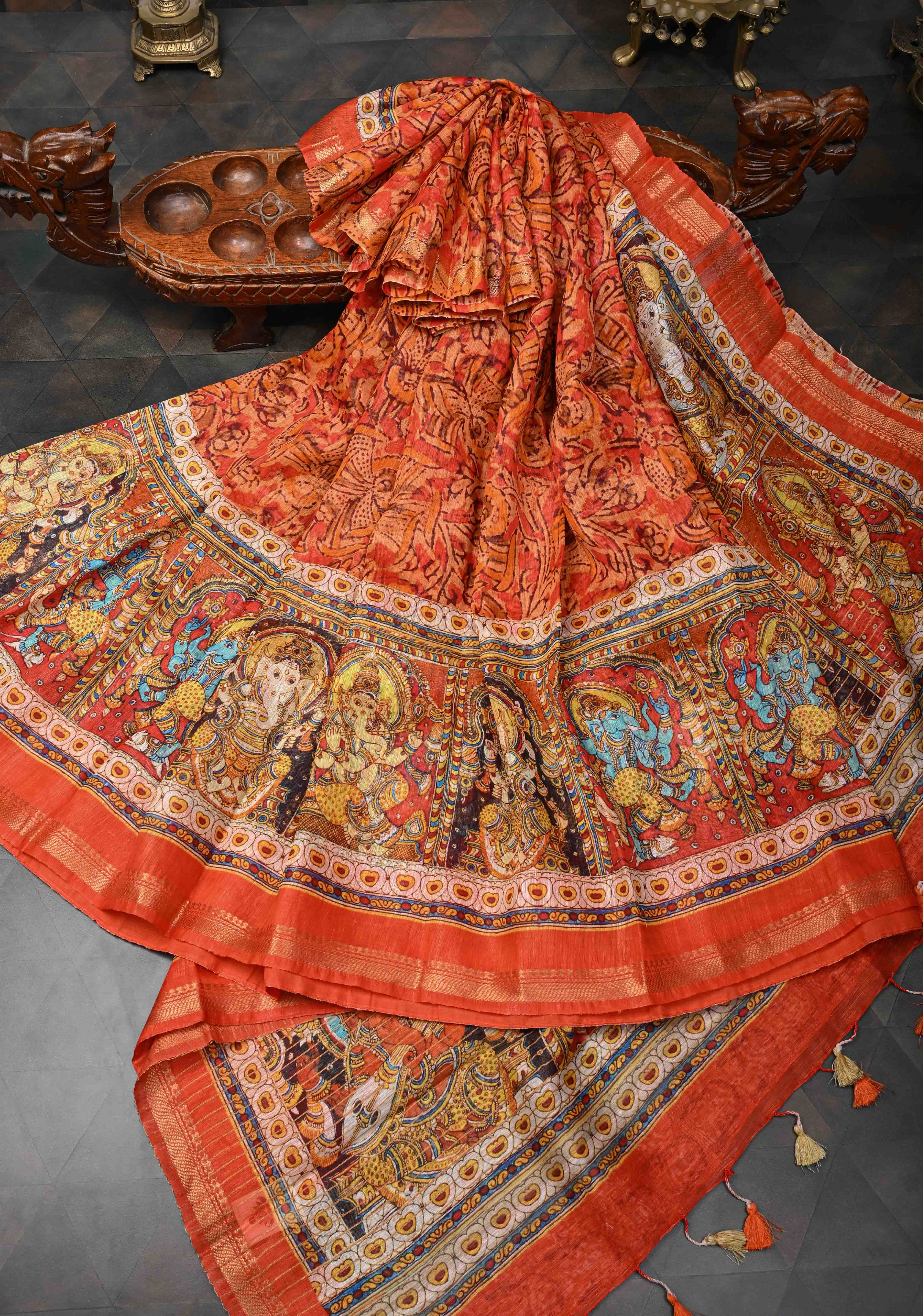Ashta Ganapathi Kalamkari Digital Print Silk Linen Saree in Orange | Shobitam