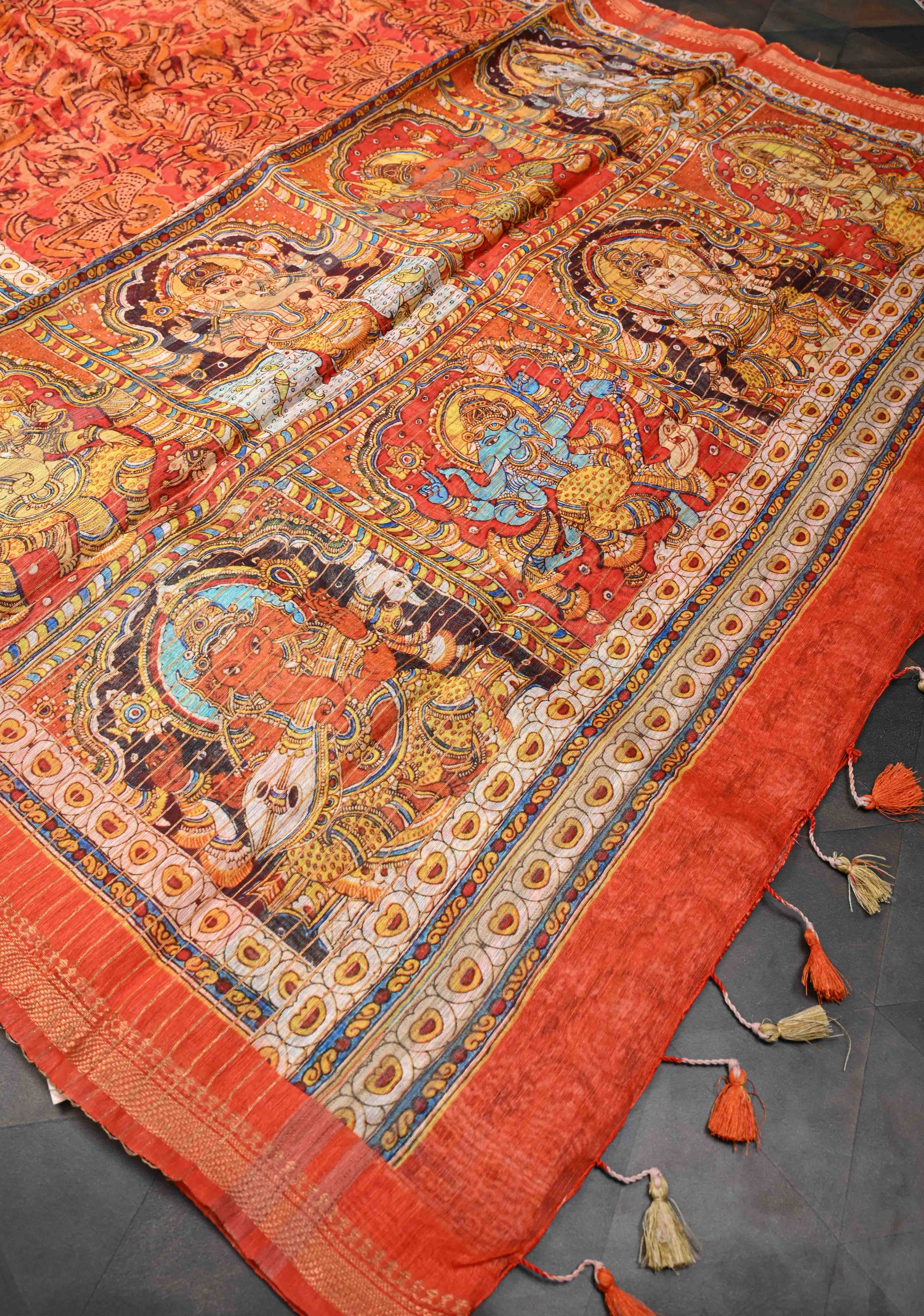 Ashta Ganapathi Kalamkari Digital Print Silk Linen Saree in Orange | Shobitam